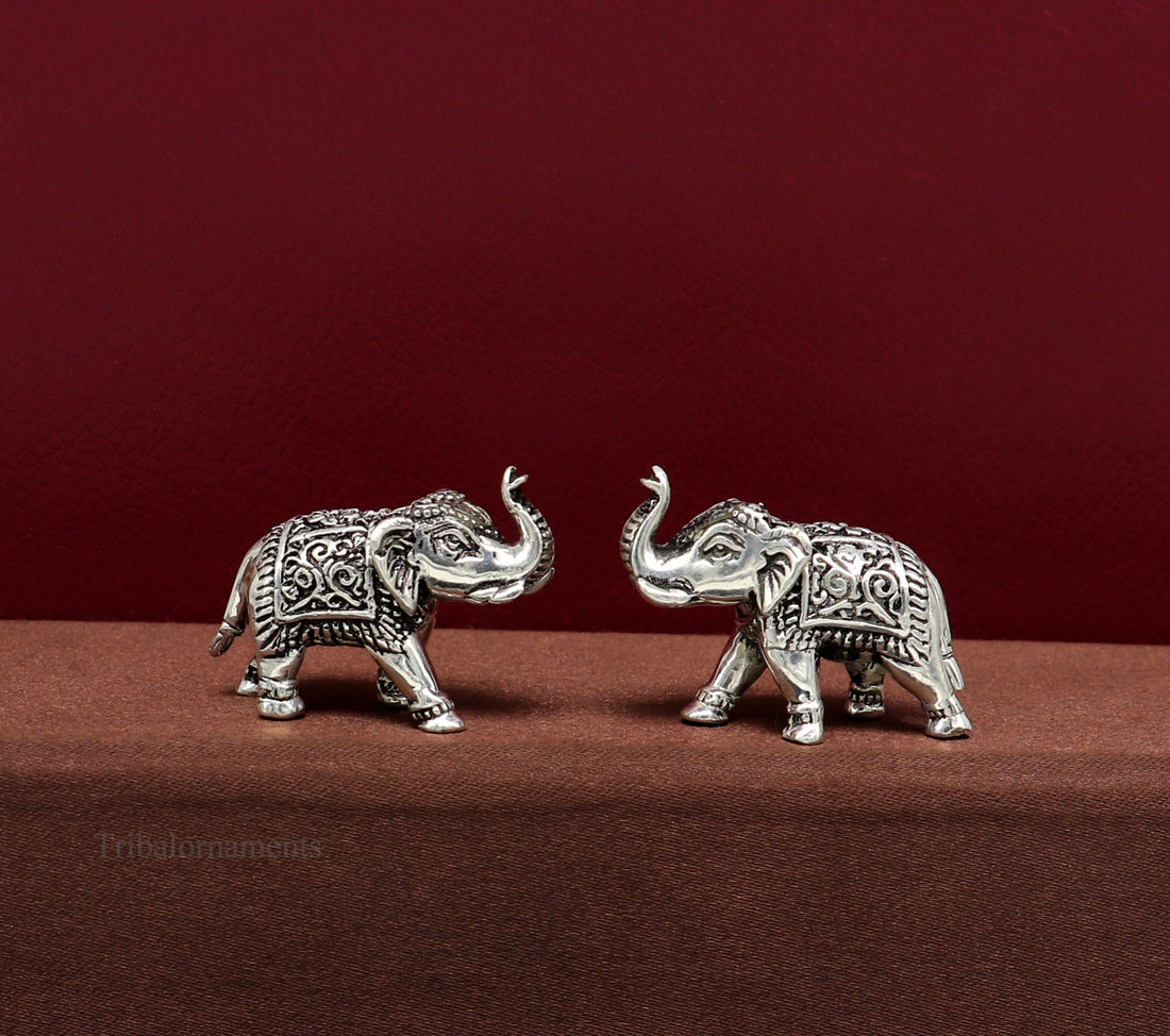 Pure 925 Sterling silver kandrai work nakshi design customized Elephant statue, puja article figurine, home décor puja articles su488 - TRIBAL ORNAMENTS