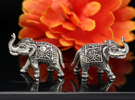 Pure 925 Sterling silver kandrai work nakshi design customized Elephant statue, puja article figurine, home décor puja articles su488 - TRIBAL ORNAMENTS