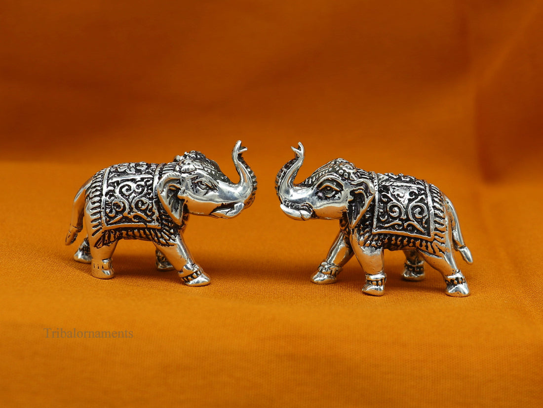 Pure 925 Sterling silver kandrai work nakshi design customized Elephant statue, puja article figurine, home décor puja articles su488 - TRIBAL ORNAMENTS