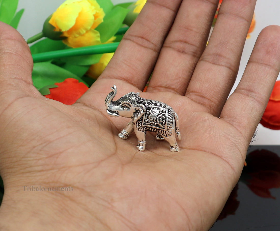 Pure 925 Sterling silver kandrai work nakshi design customized Elephant statue, puja article figurine, home décor puja articles su488 - TRIBAL ORNAMENTS