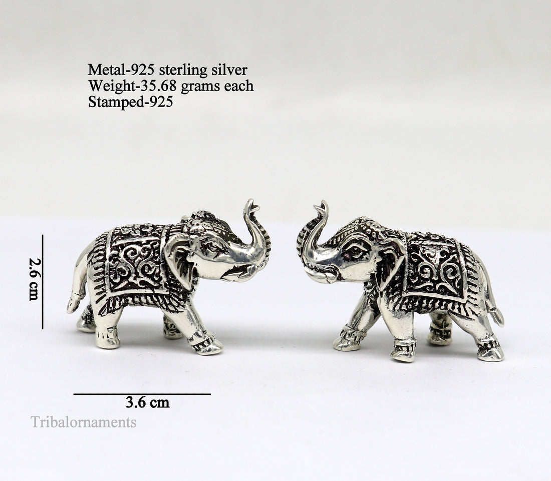 Pure 925 Sterling silver kandrai work nakshi design customized Elephant statue, puja article figurine, home décor puja articles su488 - TRIBAL ORNAMENTS