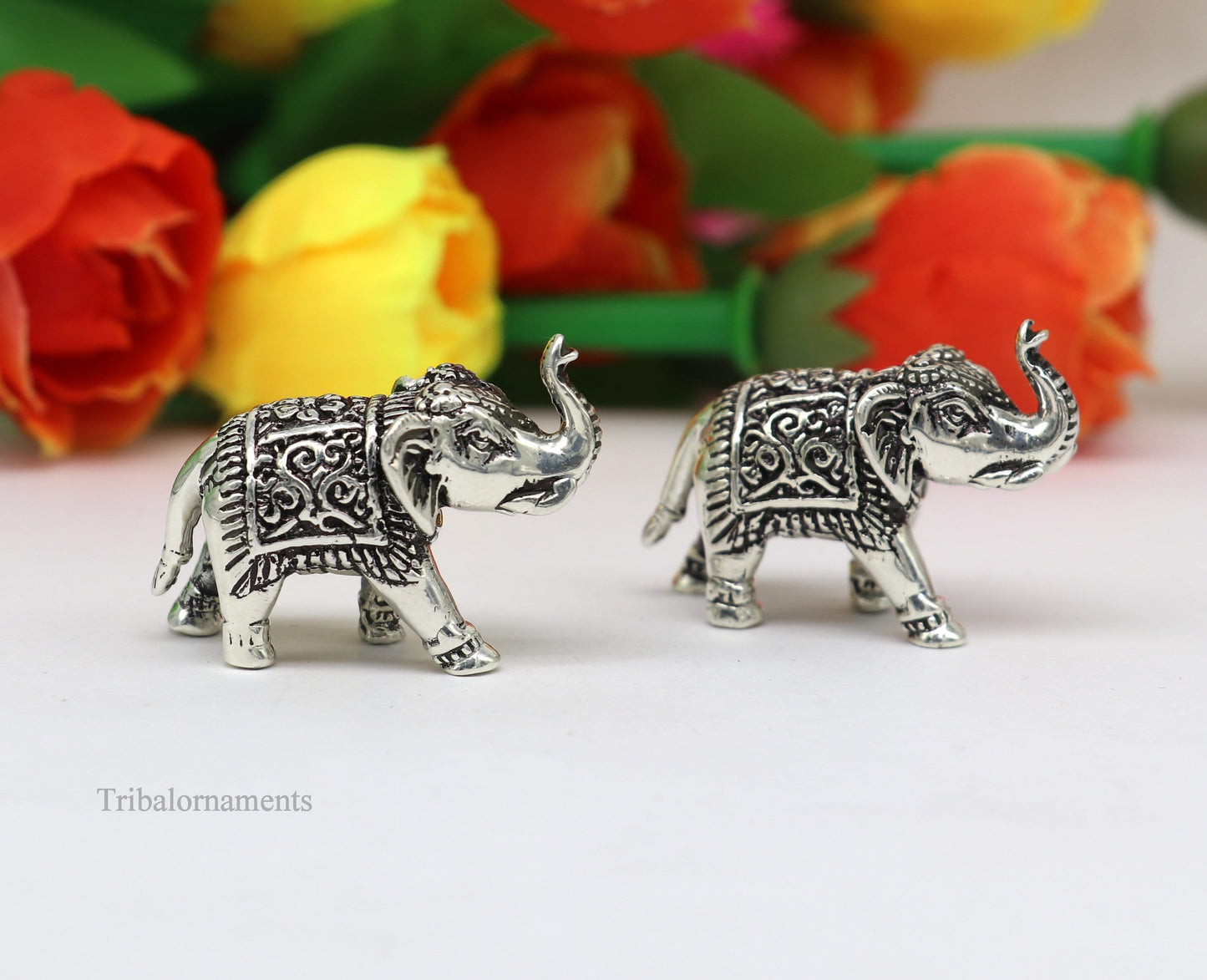 Pure 925 Sterling silver kandrai work nakshi design customized Elephant statue, puja article figurine, home décor puja articles su488 - TRIBAL ORNAMENTS