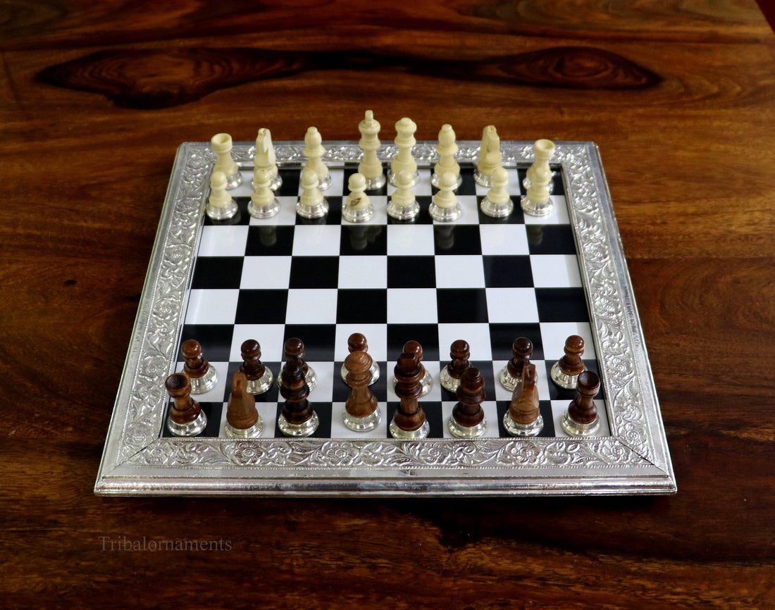 925 sterling silver work chessboard, Amazing customized handcrafted design on wooden base, fabulous Royal silver article from india fr04 - TRIBAL ORNAMENTS