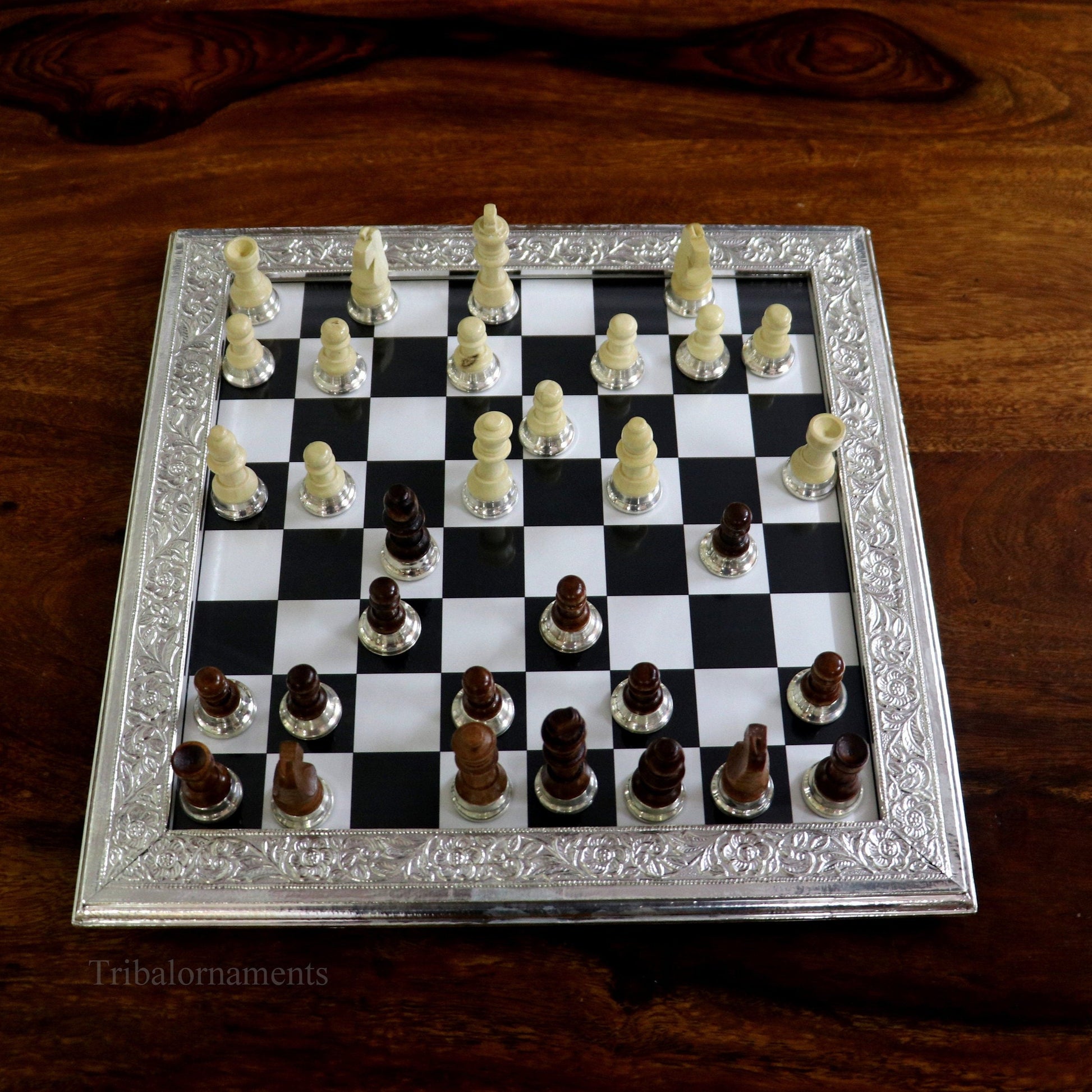 925 sterling silver work chessboard, Amazing customized handcrafted design on wooden base, fabulous Royal silver article from india fr04 - TRIBAL ORNAMENTS