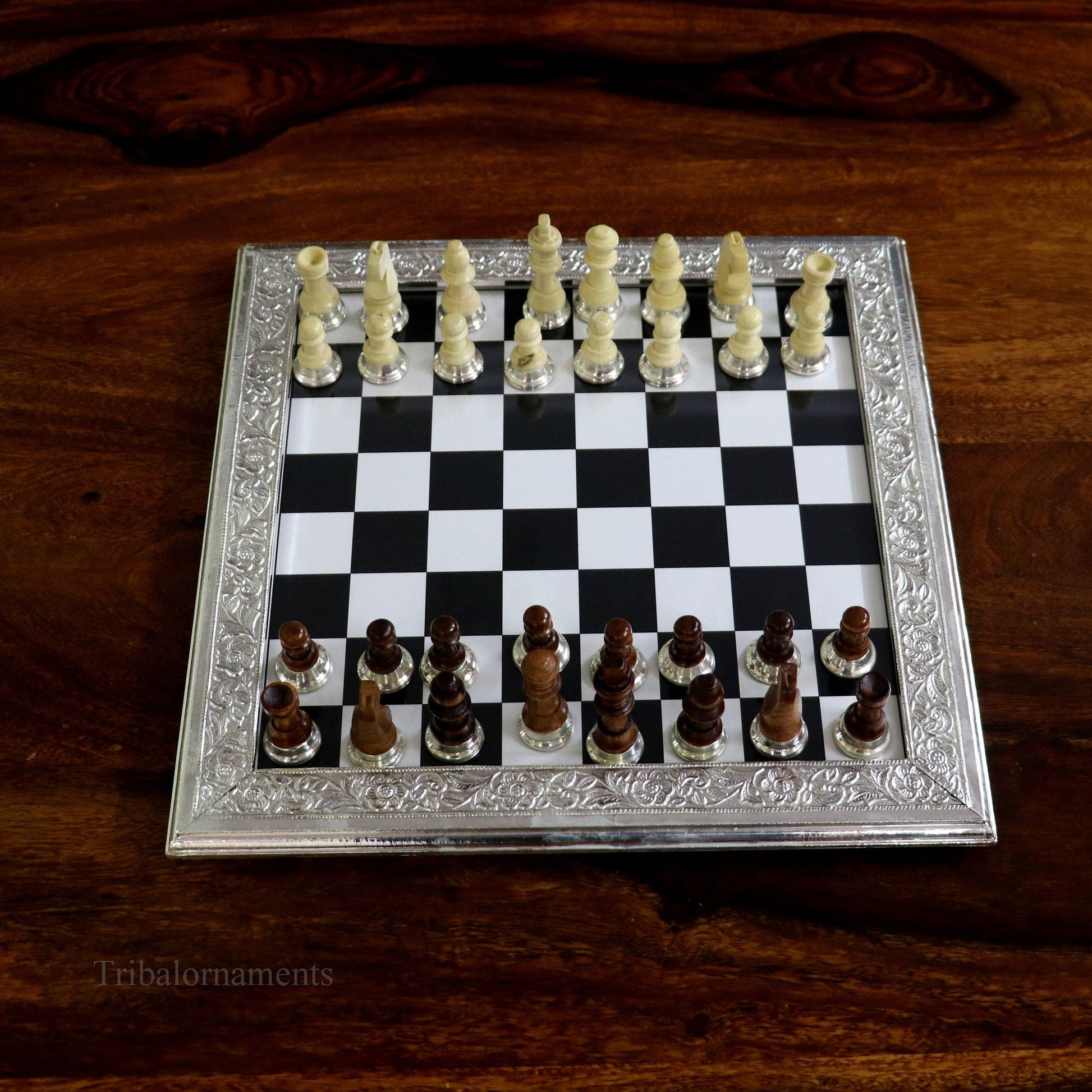 925 sterling silver work chessboard, Amazing customized handcrafted design on wooden base, fabulous Royal silver article from india fr04 - TRIBAL ORNAMENTS