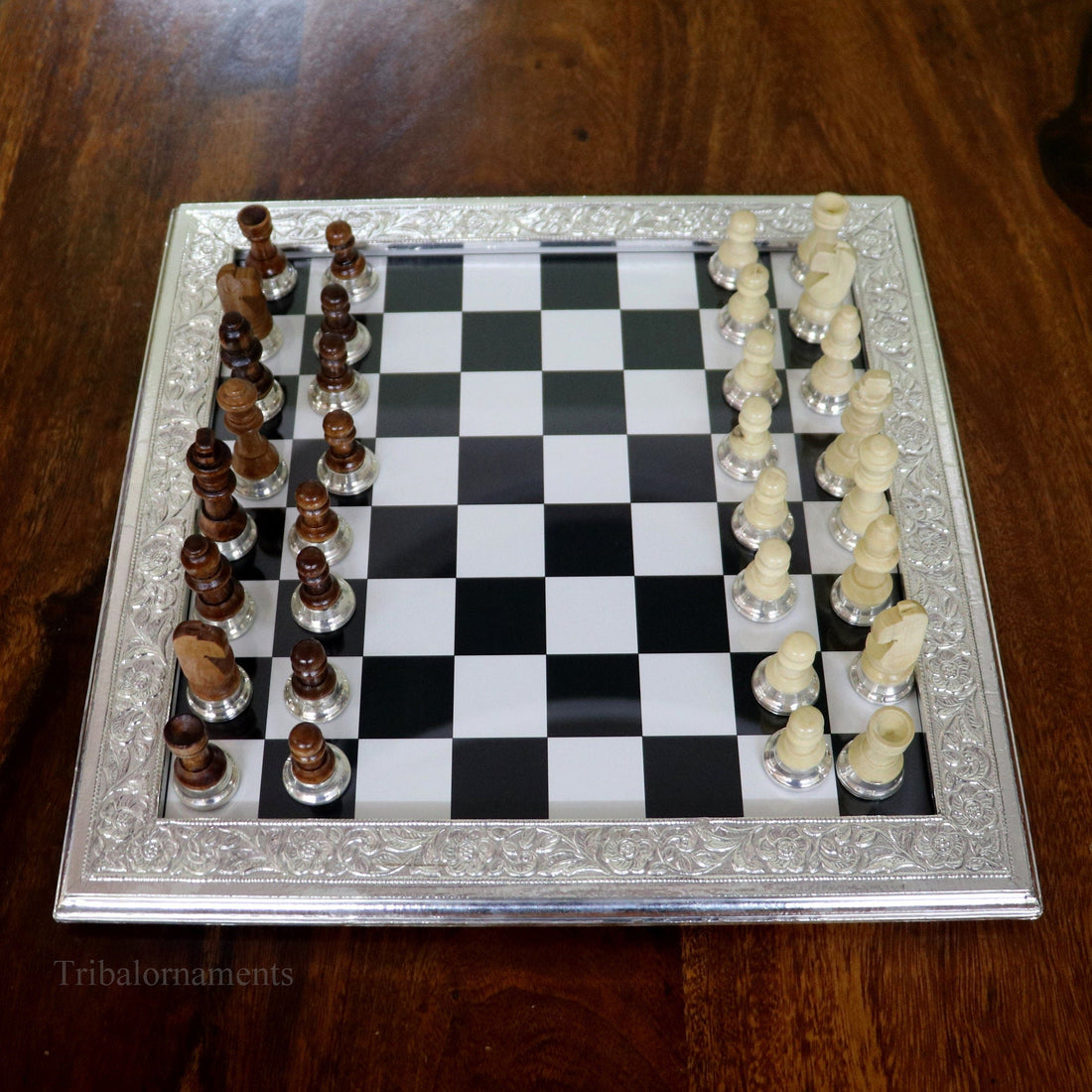 925 sterling silver work chessboard, Amazing customized handcrafted design on wooden base, fabulous Royal silver article from india fr04 - TRIBAL ORNAMENTS