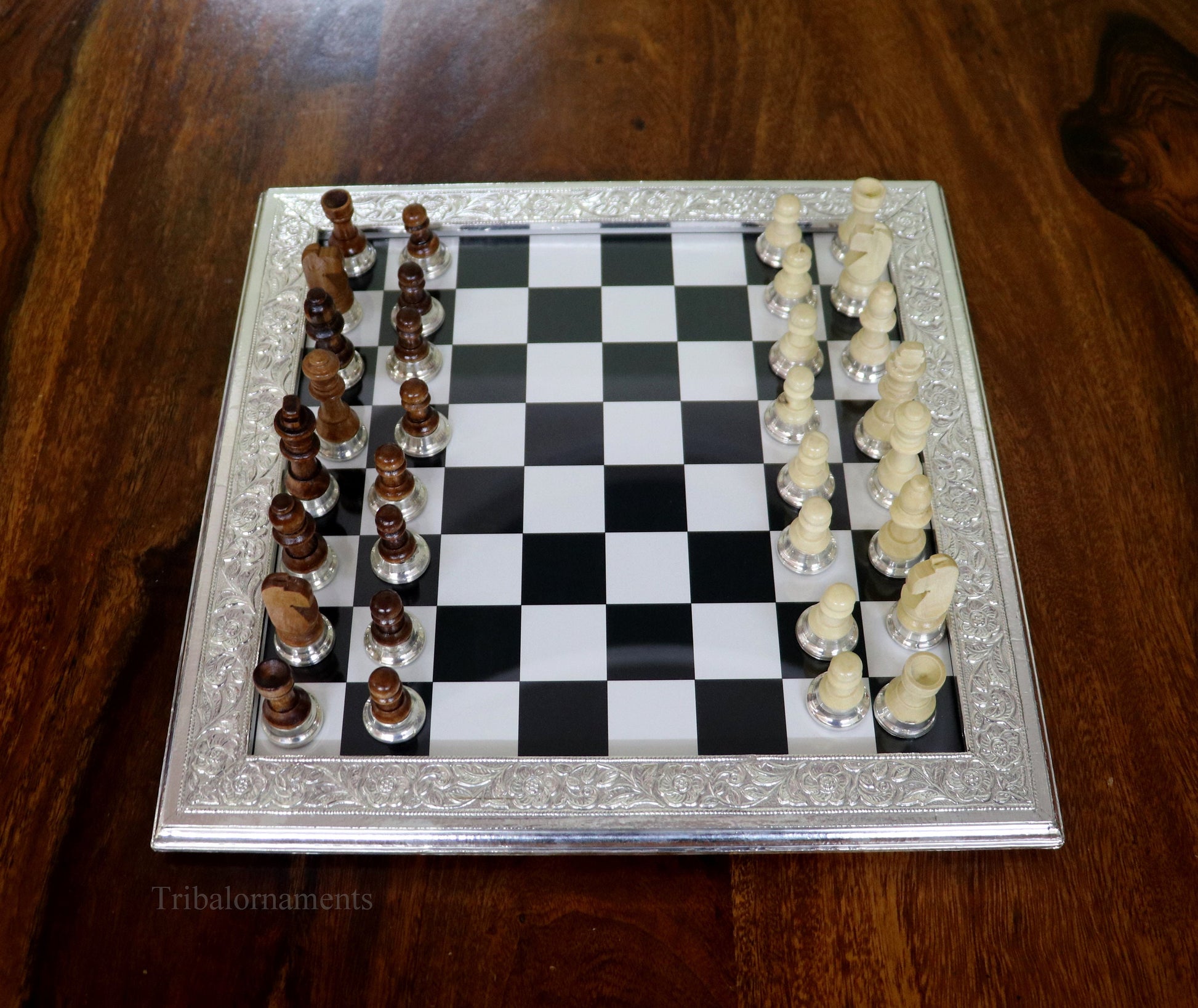 925 sterling silver work chessboard, Amazing customized handcrafted design on wooden base, fabulous Royal silver article from india fr04 - TRIBAL ORNAMENTS