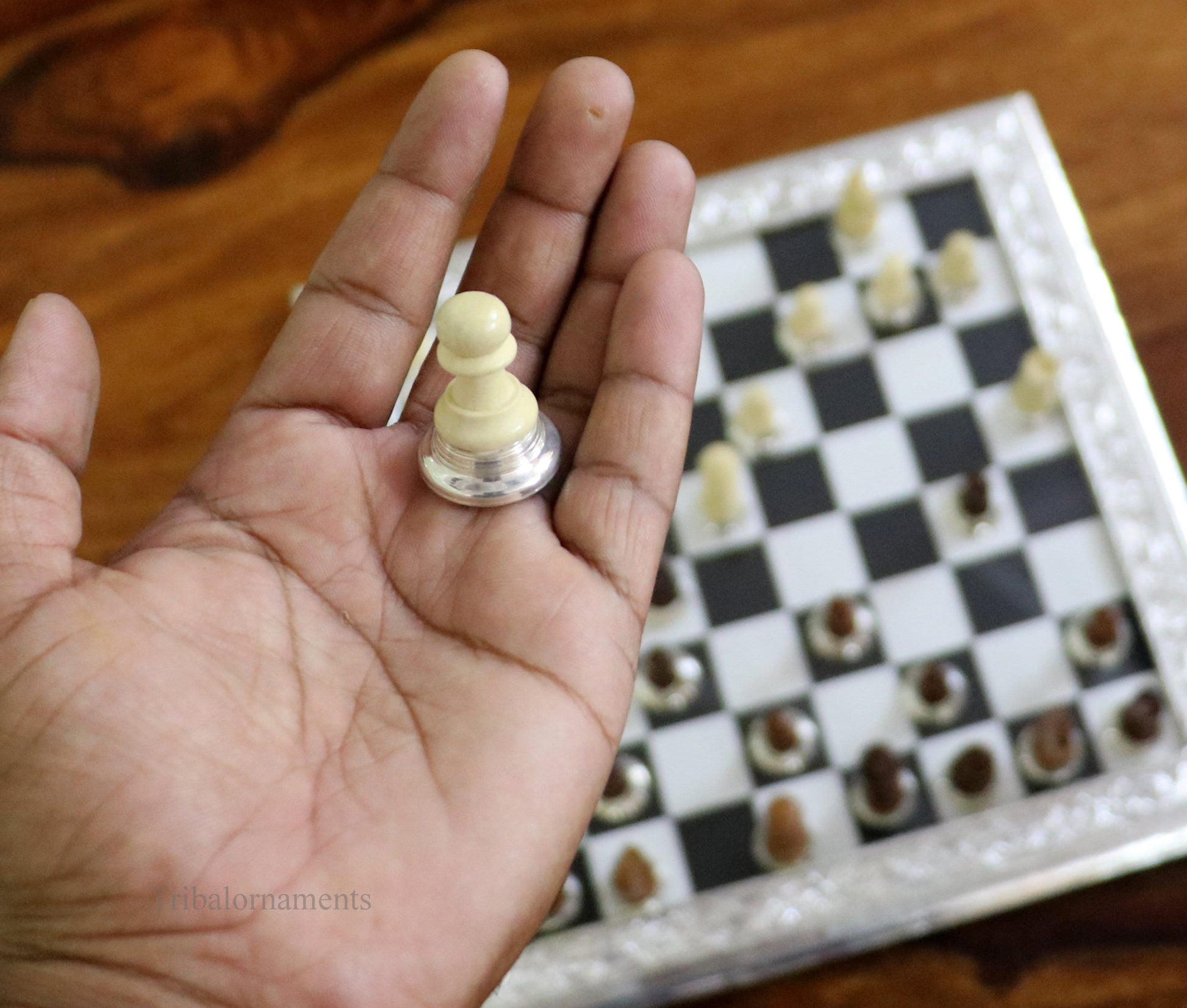 925 sterling silver work chessboard, Amazing customized handcrafted design on wooden base, fabulous Royal silver article from india fr04 - TRIBAL ORNAMENTS