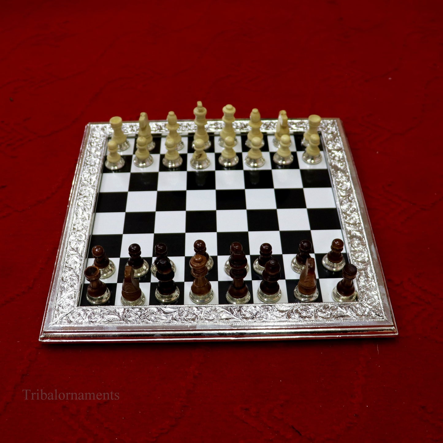 925 sterling silver work chessboard, Amazing customized handcrafted design on wooden base, fabulous Royal silver article from india fr04 - TRIBAL ORNAMENTS