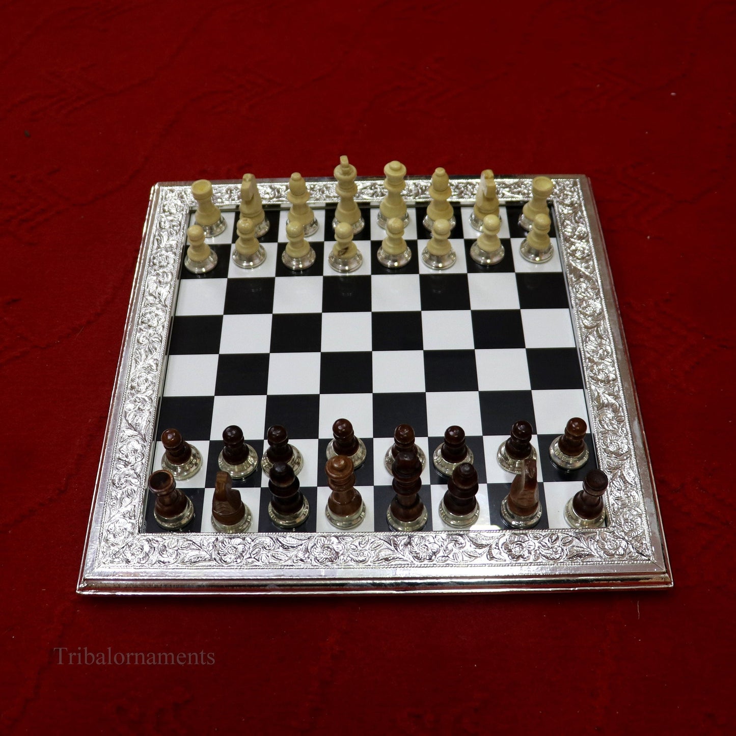 925 sterling silver work chessboard, Amazing customized handcrafted design on wooden base, fabulous Royal silver article from india fr04 - TRIBAL ORNAMENTS