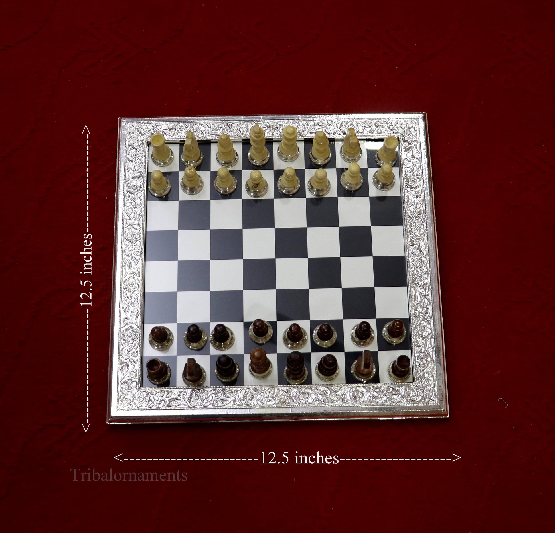 925 sterling silver work chessboard, Amazing customized handcrafted design on wooden base, fabulous Royal silver article from india fr04 - TRIBAL ORNAMENTS