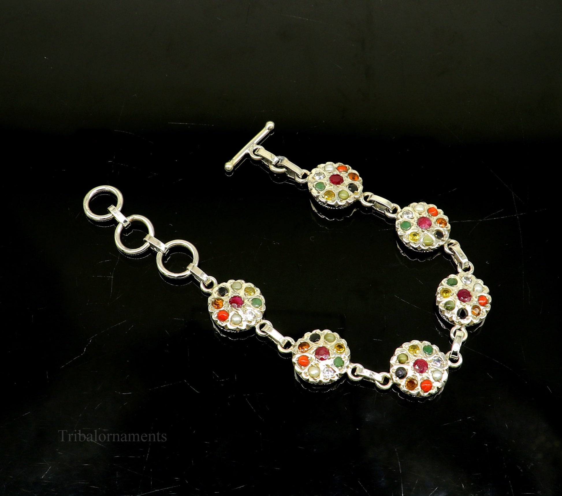 9" inches long 925 sterling silver handmade Navratan stone nine stone bracelet, Stunning stylish jewelry from Rajasthan India nsbr413 - TRIBAL ORNAMENTS