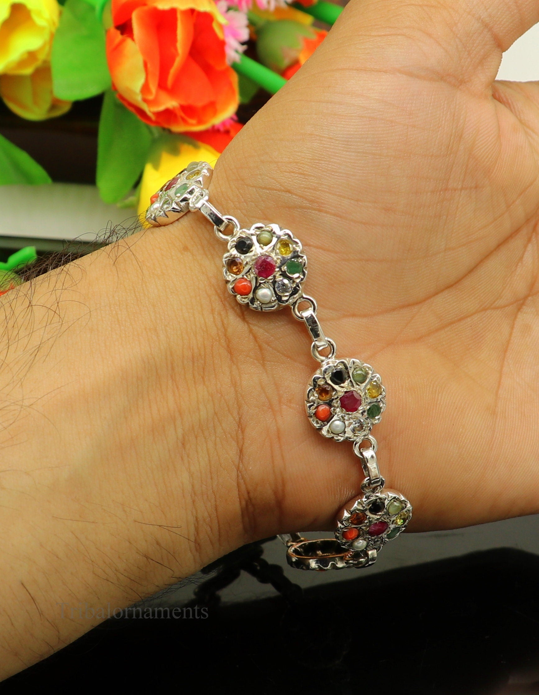 9" inches long 925 sterling silver handmade Navratan stone nine stone bracelet, Stunning stylish jewelry from Rajasthan India nsbr413 - TRIBAL ORNAMENTS
