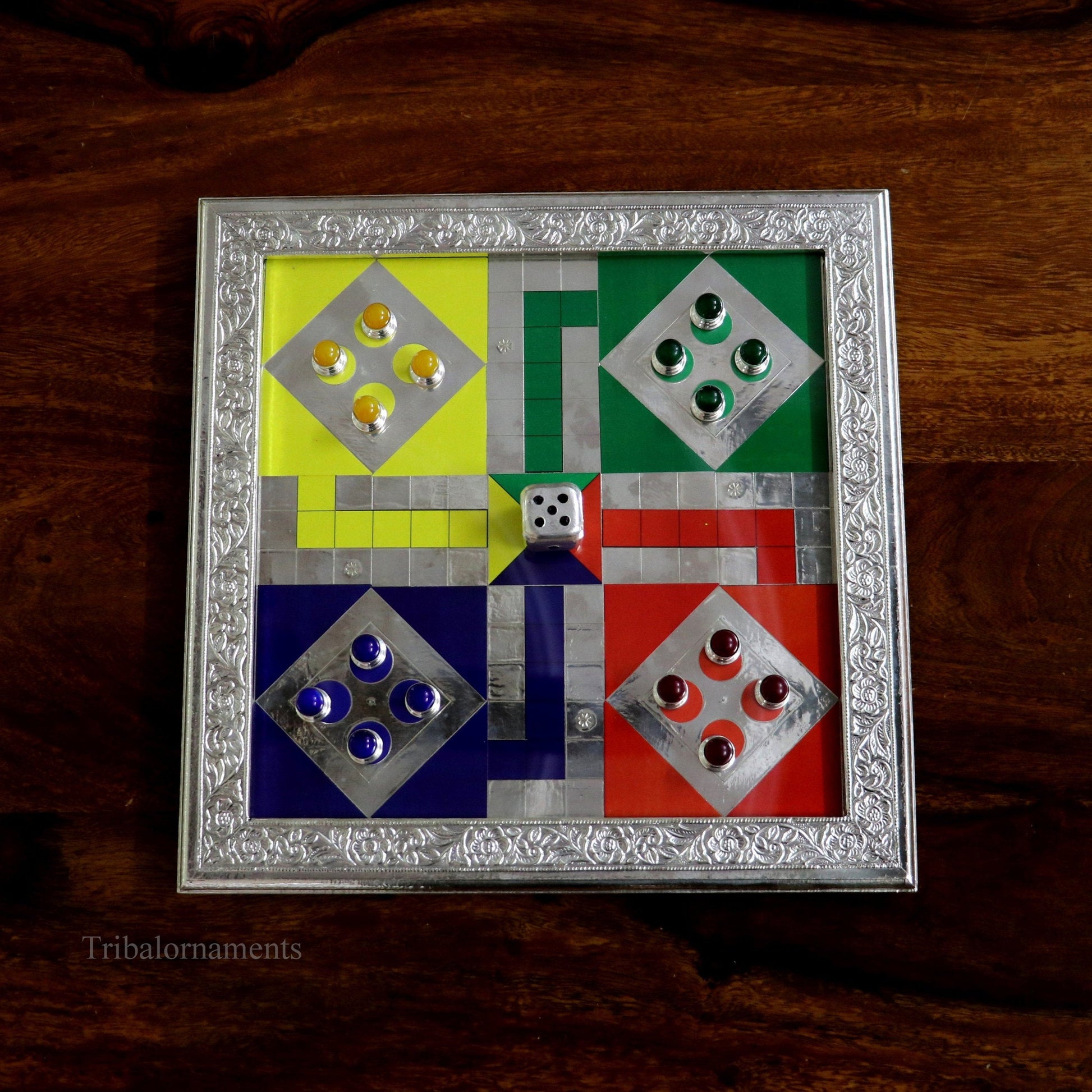 925 sterling silver work LUDO Game, Amazing customized handcrafted design on wooden base, fabulous Royal silver article from india fr05 - TRIBAL ORNAMENTS