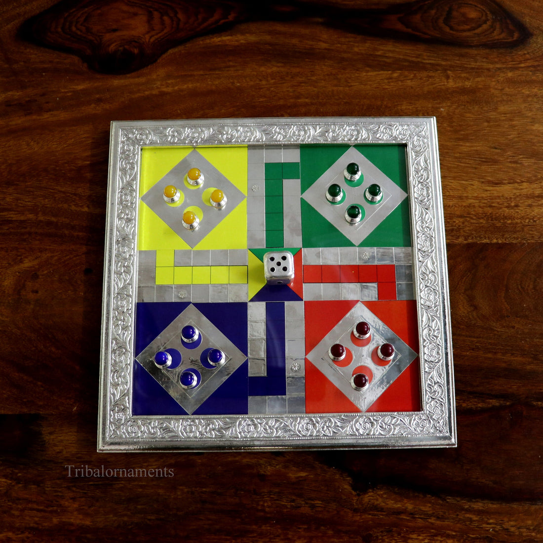 925 sterling silver work LUDO Game, Amazing customized handcrafted design on wooden base, fabulous Royal silver article from india fr05 - TRIBAL ORNAMENTS