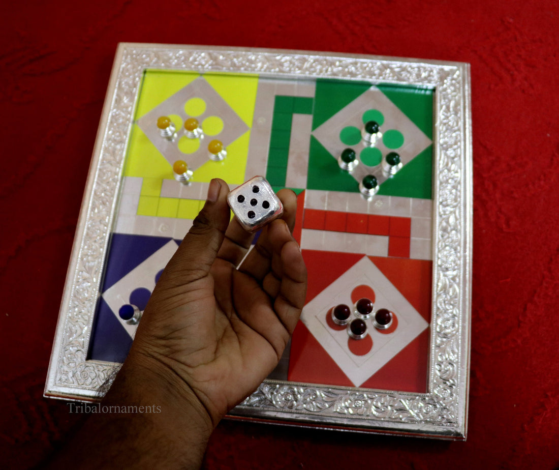 925 sterling silver work LUDO Game, Amazing customized handcrafted design on wooden base, fabulous Royal silver article from india fr05 - TRIBAL ORNAMENTS