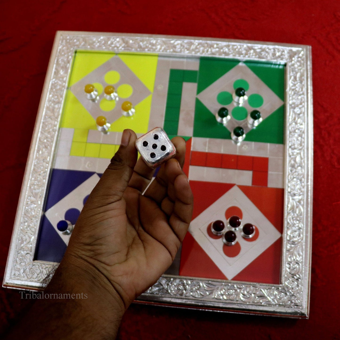 925 sterling silver work LUDO Game, Amazing customized handcrafted design on wooden base, fabulous Royal silver article from india fr05 - TRIBAL ORNAMENTS