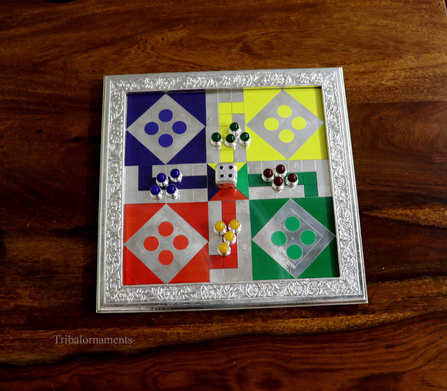 925 sterling silver work LUDO Game, Amazing customized handcrafted design on wooden base, fabulous Royal silver article from india fr05 - TRIBAL ORNAMENTS