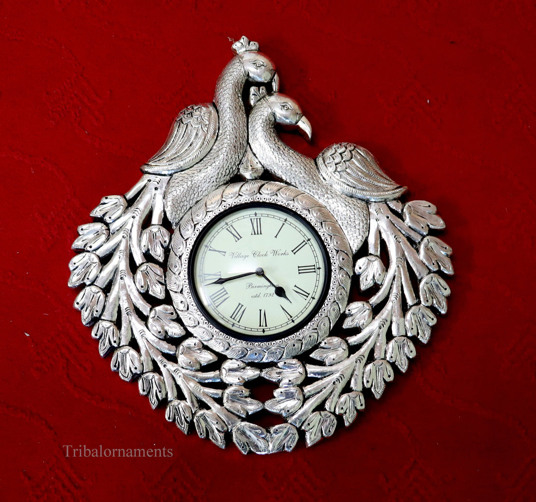Vintage antique design handmade 999 pure silver peacock design big Size wall clock, wooden base pure silver watch Royal Jewel sf06 - TRIBAL ORNAMENTS