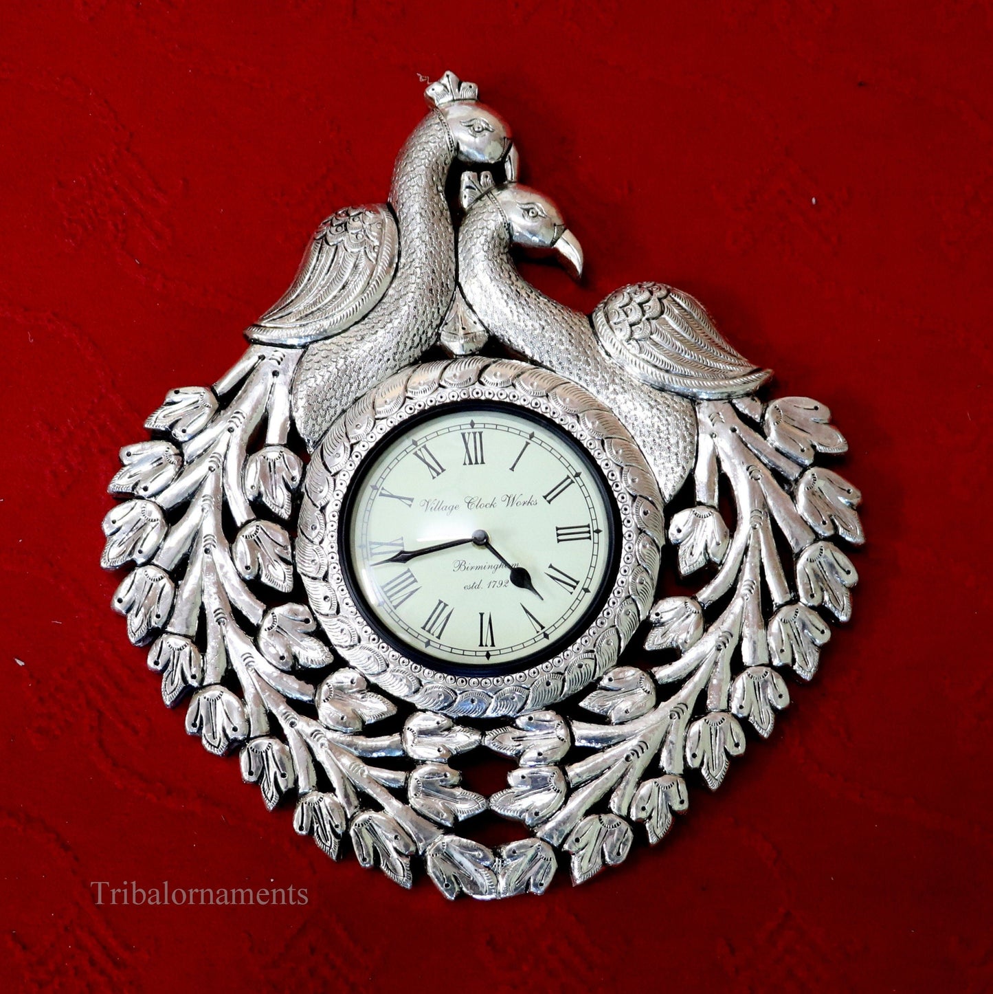 Vintage antique design handmade 999 pure silver peacock design big Size wall clock, wooden base pure silver watch Royal Jewel sf06 - TRIBAL ORNAMENTS