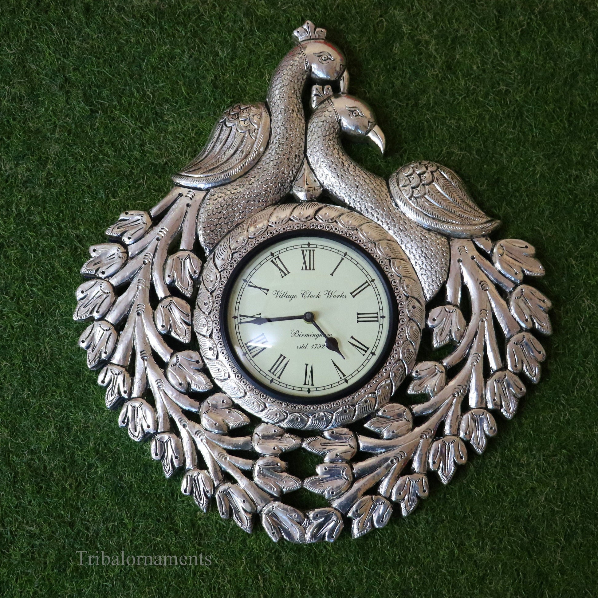 Vintage antique design handmade 999 pure silver peacock design big Size wall clock, wooden base pure silver watch Royal Jewel sf06 - TRIBAL ORNAMENTS