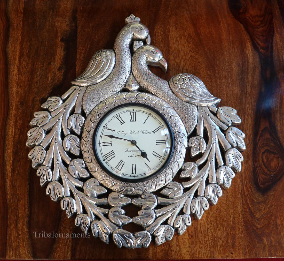 Vintage antique design handmade 999 pure silver peacock design big Size wall clock, wooden base pure silver watch Royal Jewel sf06 - TRIBAL ORNAMENTS