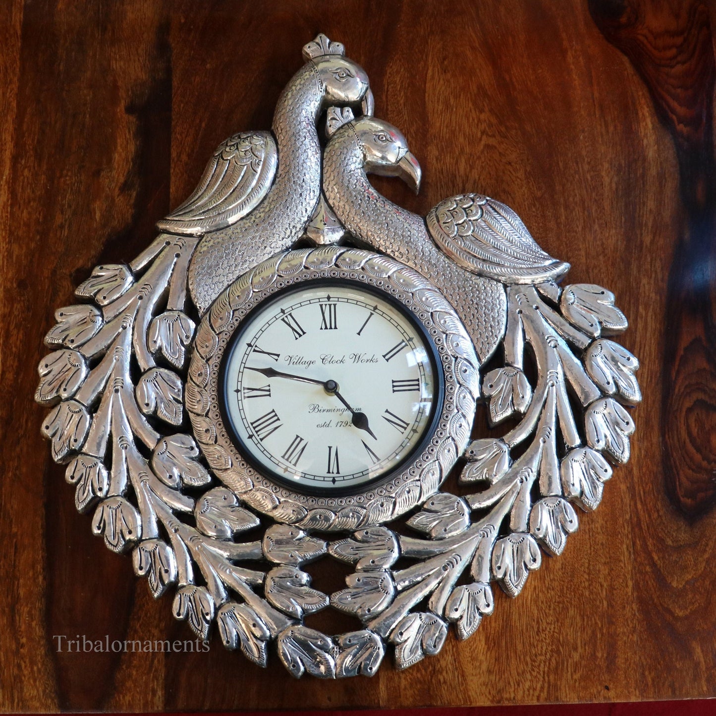 Vintage antique design handmade 999 pure silver peacock design big Size wall clock, wooden base pure silver watch Royal Jewel sf06 - TRIBAL ORNAMENTS