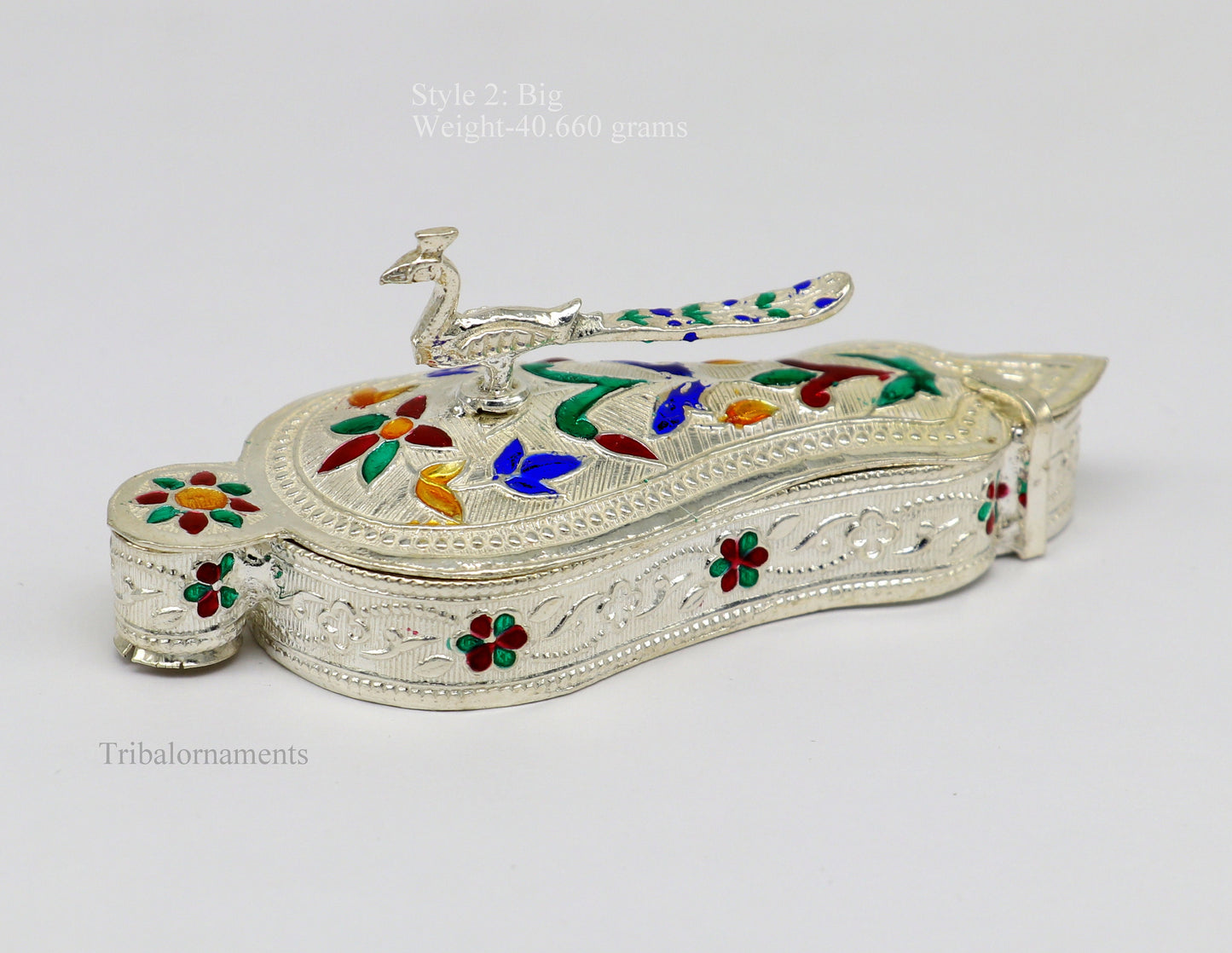 925 sterling silver handmade fabulous unique design peacock trinket box, brides gift, casket box, silver article, silver utensils stb264 - TRIBAL ORNAMENTS