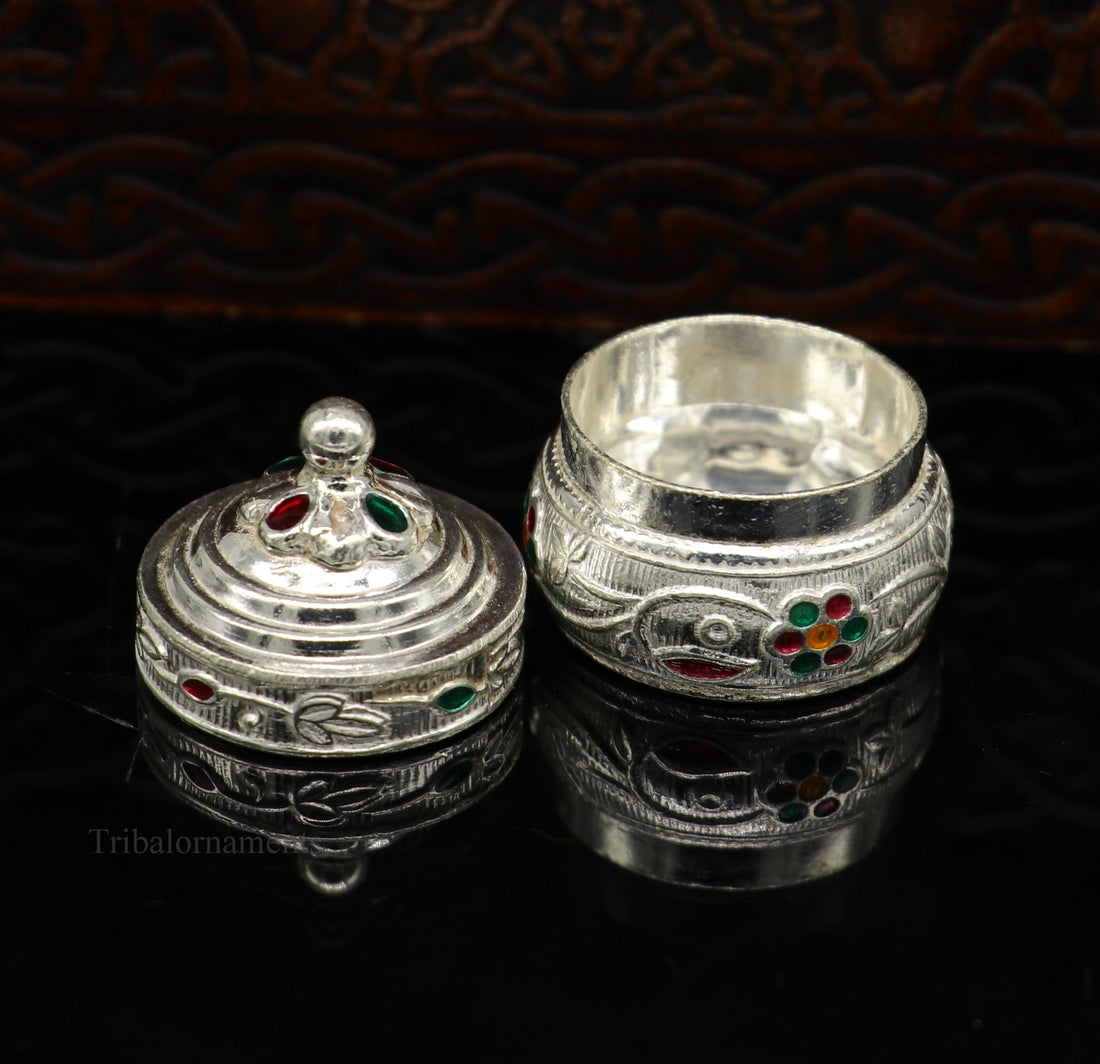 Solid sterling silver unique antique design handmade brides eyes kajal box, surma box, kumkum sindur box, small trinket box article stb238 - TRIBAL ORNAMENTS