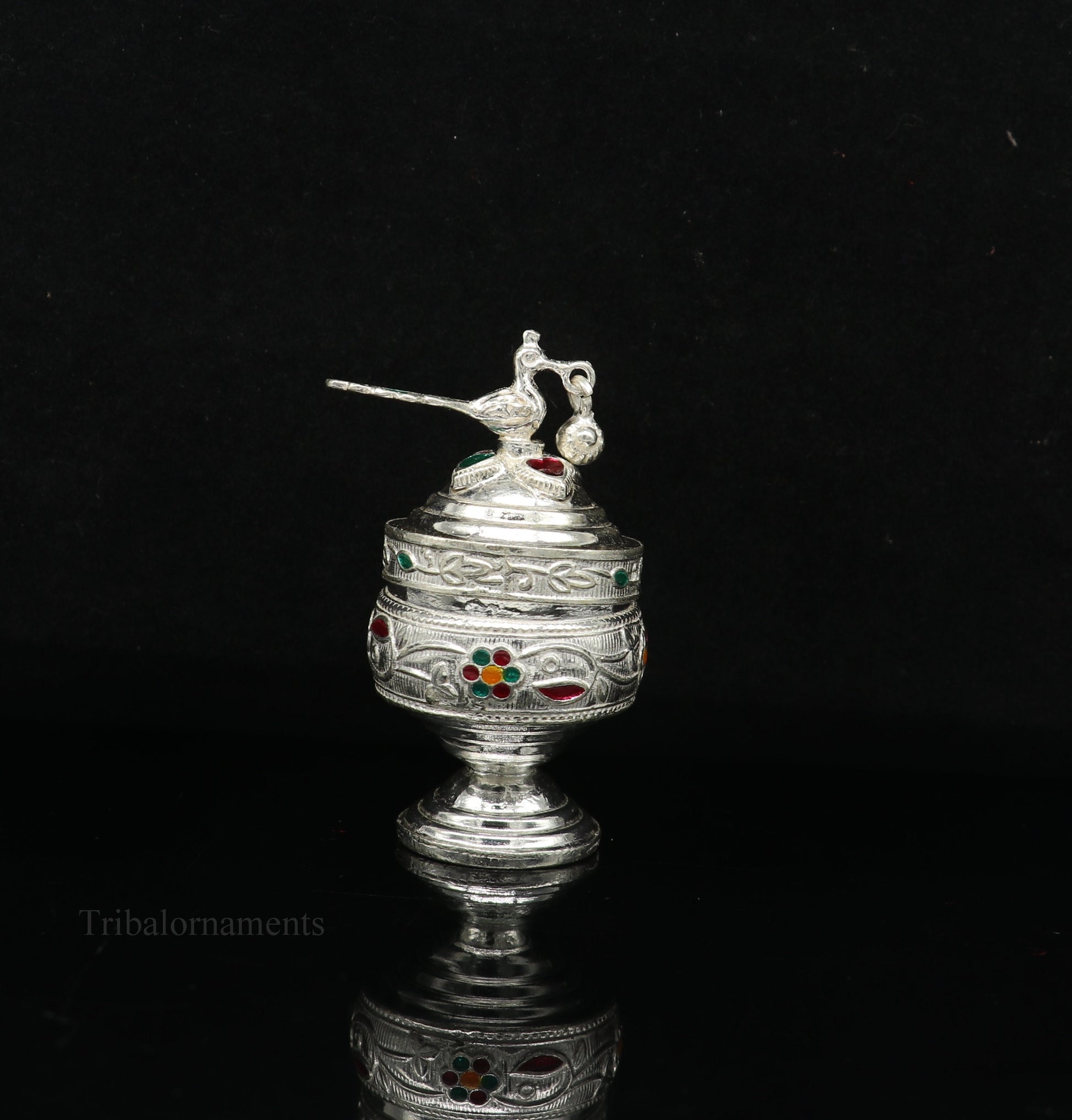 Solid sterling silver vintage peacock design handmade brides eyes kajal box, surma box, kumkum sindur box, small trinket box article stb248 - TRIBAL ORNAMENTS