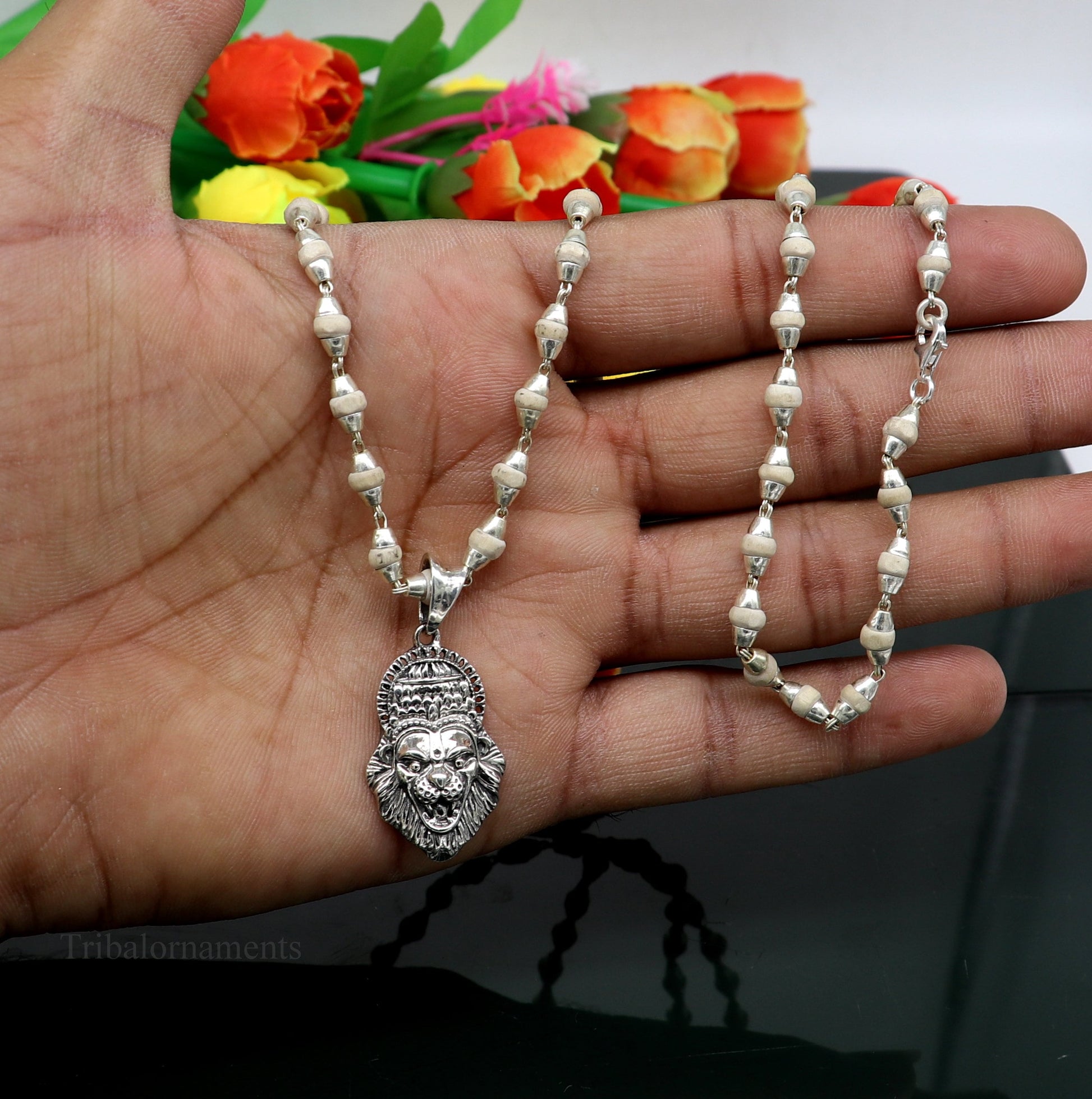 Holy Basil rosary 4 mm beads solid silver necklace with amazing south india lord vishnu narsimha pendant with tulsi mala from india set676 - TRIBAL ORNAMENTS