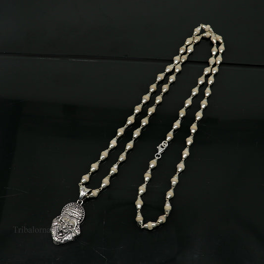 Holy Basil rosary 4 mm beads solid silver necklace with amazing south india lord vishnu narsimha pendant with tulsi mala from india set43 - TRIBAL ORNAMENTS