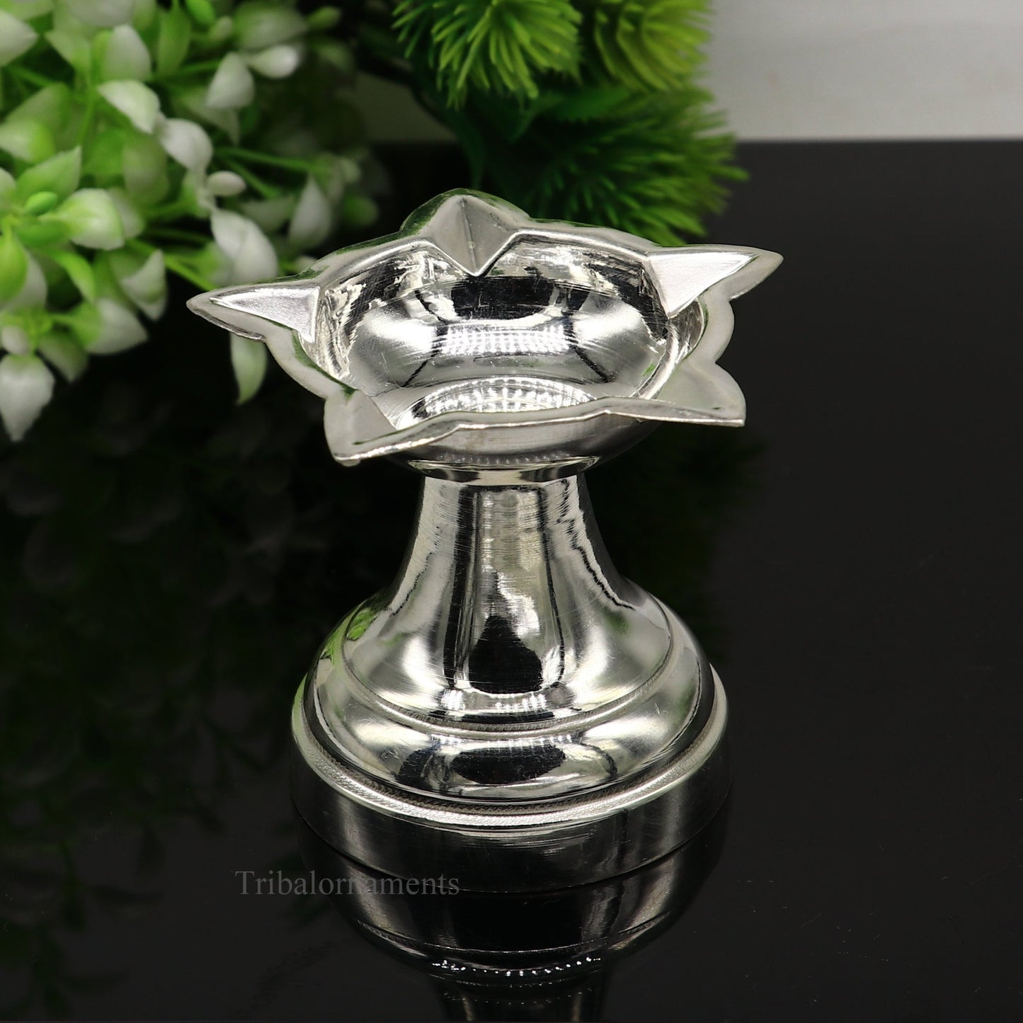 solid sterling silver handmade elegant oil lamp, silver home temple utensils, silver diya, deepak, silver vessels, silver puja article su402 - TRIBAL ORNAMENTS