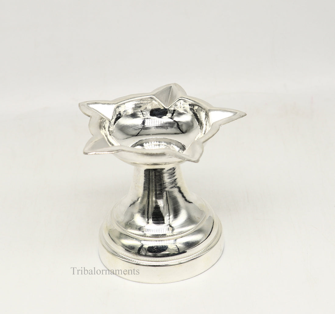solid sterling silver handmade elegant oil lamp, silver home temple utensils, silver diya, deepak, silver vessels, silver puja article su402 - TRIBAL ORNAMENTS