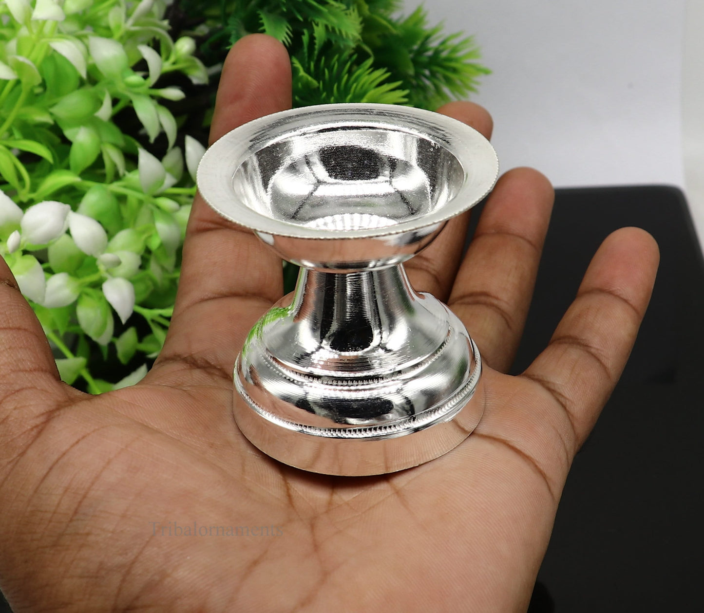 solid sterling silver handmade elegant oil lamp, silver home temple utensils, silver diya, deepak, silver utensil, silver puja article su403 - TRIBAL ORNAMENTS