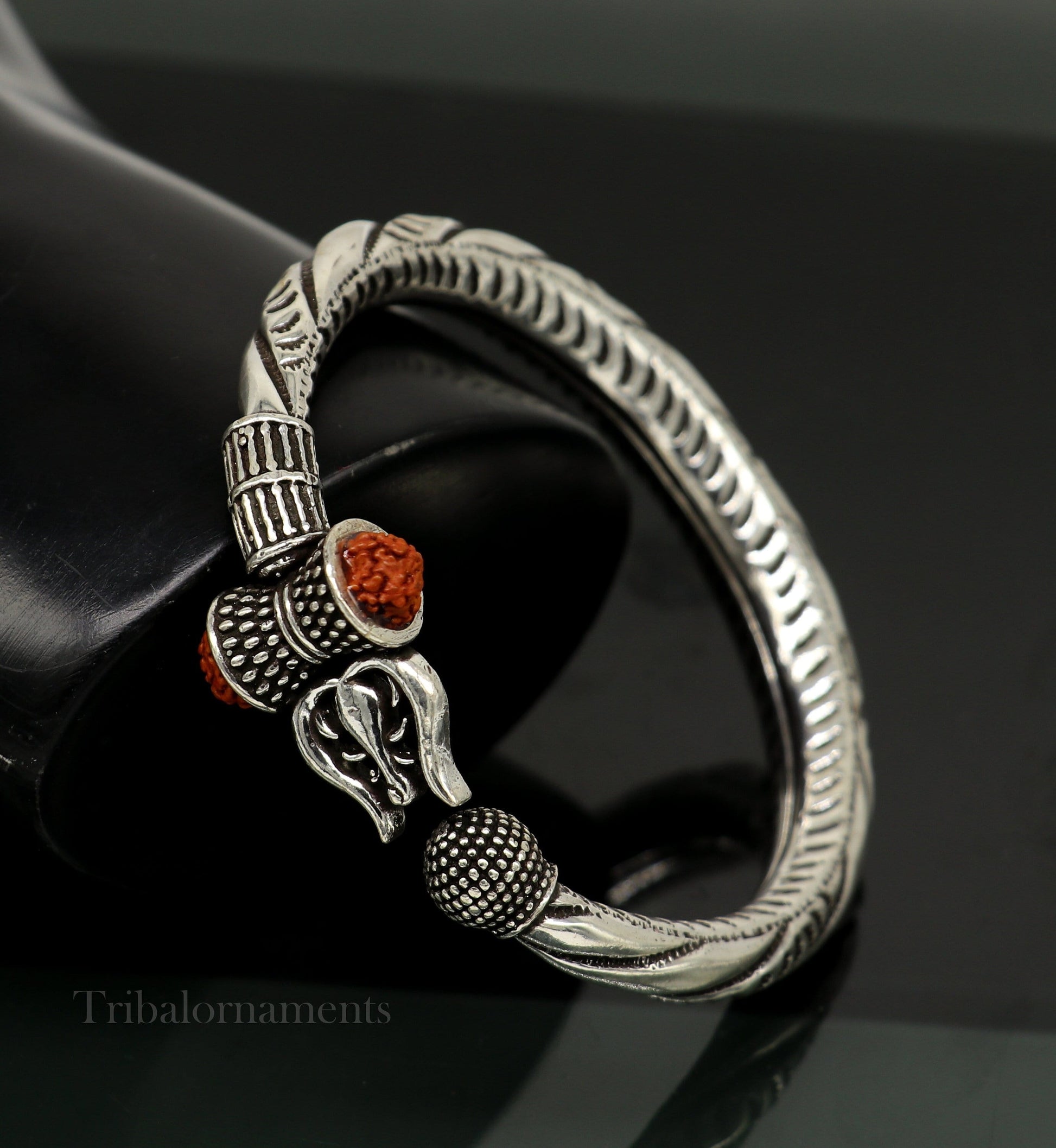 925 Sterling silver handmade chitai work Lord Shiva trident trishul kada bangle bracelet with natural Rudraksha customized kada nssk470