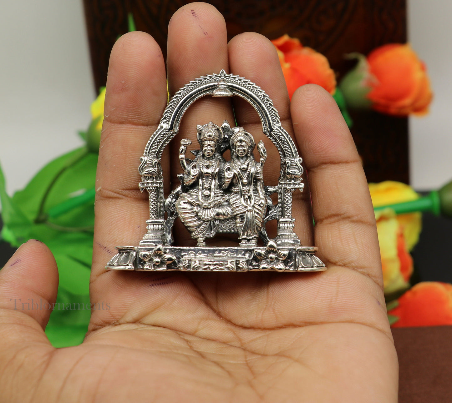925 Sterling silver handmade floral design Indian Idols Laxmi Narayan, laxmi and vishnu Statue figurine, puja articles puja articles art165 - TRIBAL ORNAMENTS