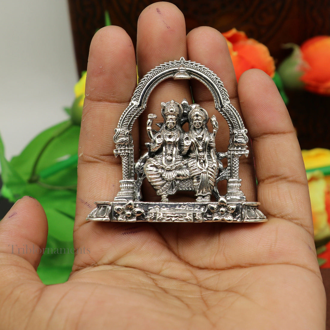 925 Sterling silver handmade floral design Indian Idols Laxmi Narayan, laxmi and vishnu Statue figurine, puja articles puja articles art165 - TRIBAL ORNAMENTS