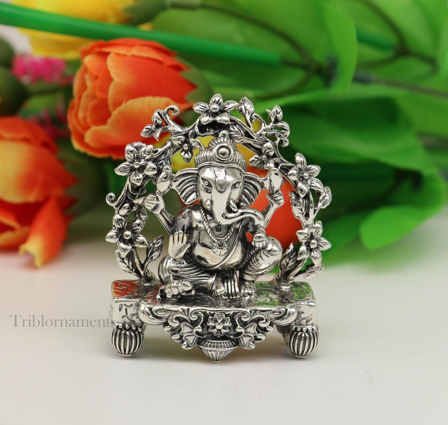 925 Sterling silver Lord Ganesh Idol, Pooja Articles, Indian Silver Idols, handcrafted Lord Ganesh statue sculpture amazing gifting art175 - TRIBAL ORNAMENTS