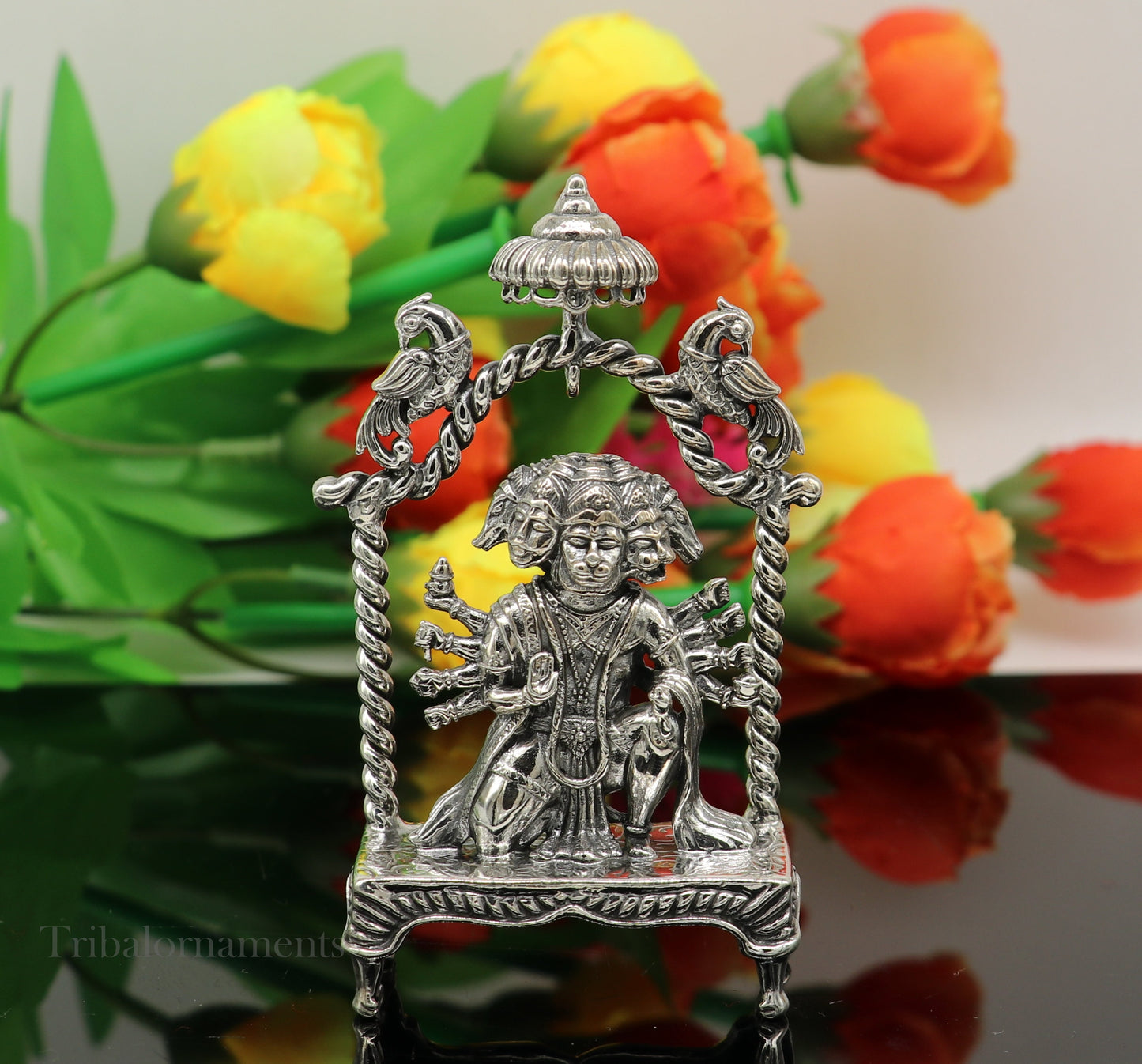 Pure 925 sterling silver handmade Hindu god Lord Panchmukhi Hanuman Statue, amazing designer Divine Sculpture figurine puja article art167 - TRIBAL ORNAMENTS