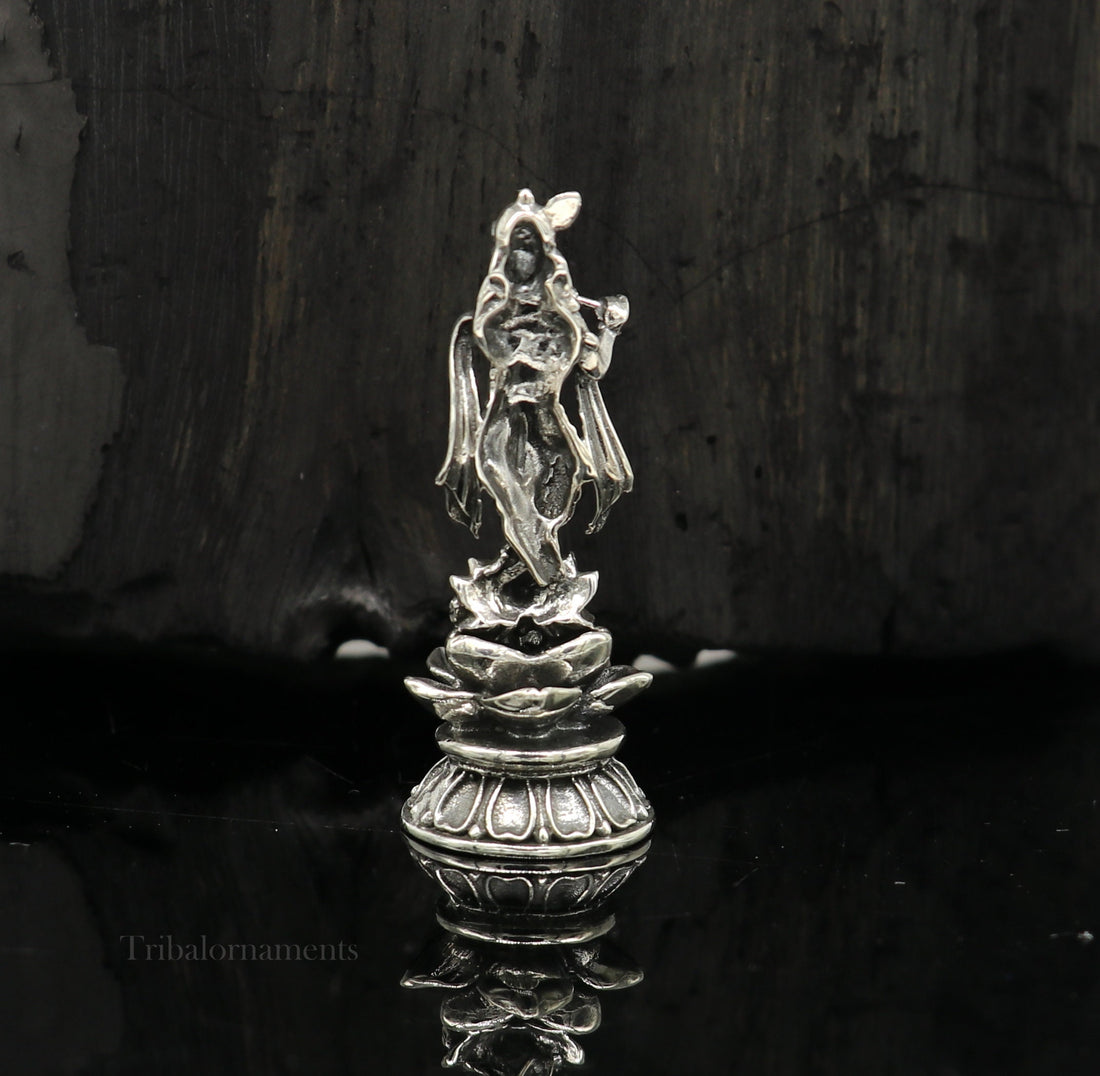 925 Sterling silver handmade antique design Idols Lord Krishna with flute standing Statue figurine, puja articles decorative gift art158 - TRIBAL ORNAMENTS