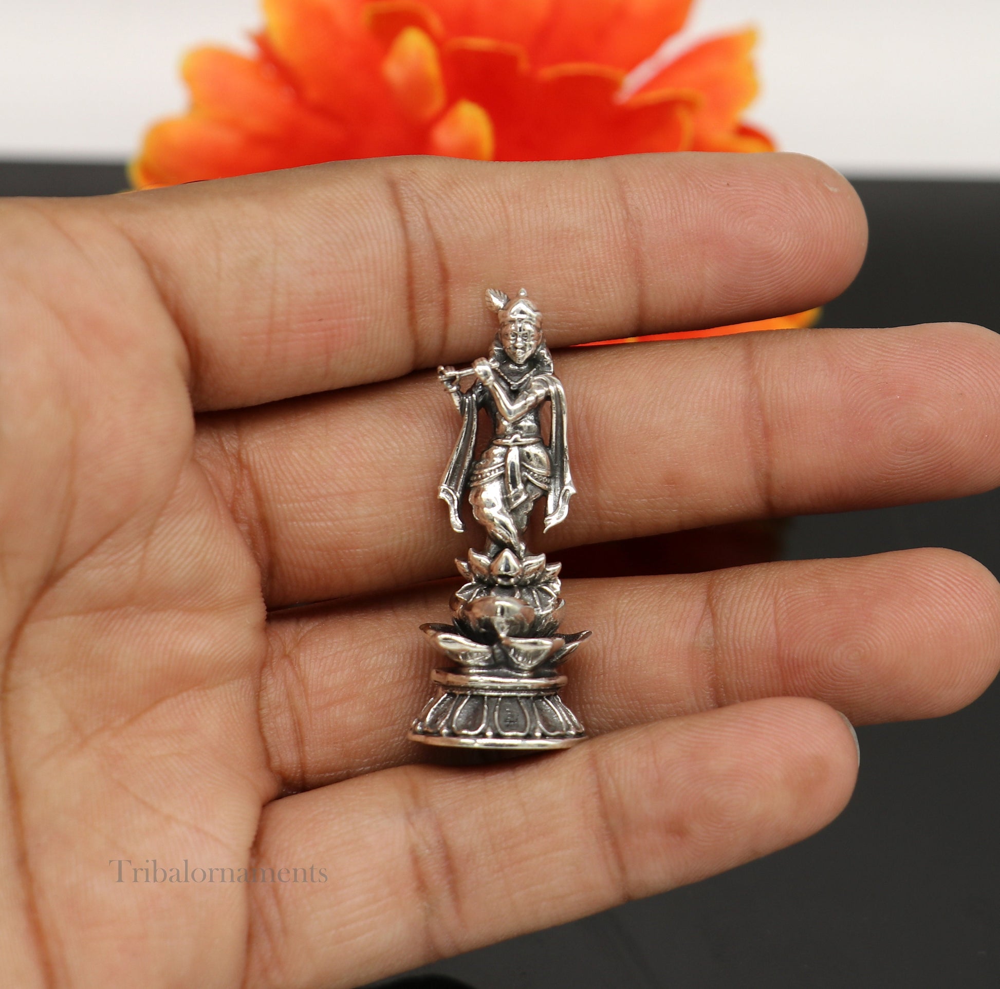925 Sterling silver handmade antique design Idols Lord Krishna with flute standing Statue figurine, puja articles decorative gift art158 - TRIBAL ORNAMENTS