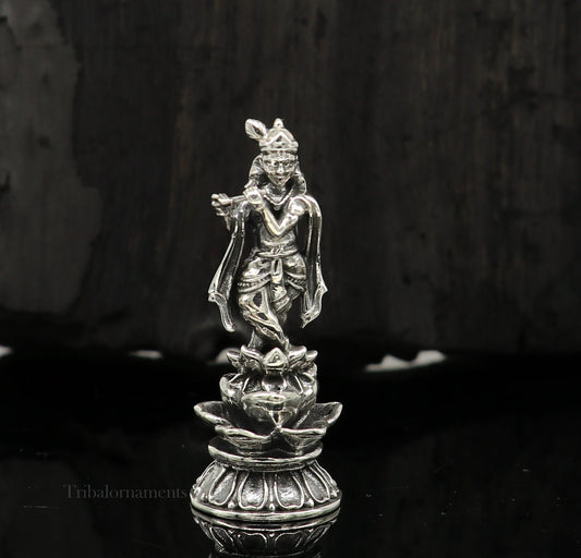 925 Sterling silver handmade antique design Idols Lord Krishna with flute standing Statue figurine, puja articles decorative gift art158 - TRIBAL ORNAMENTS