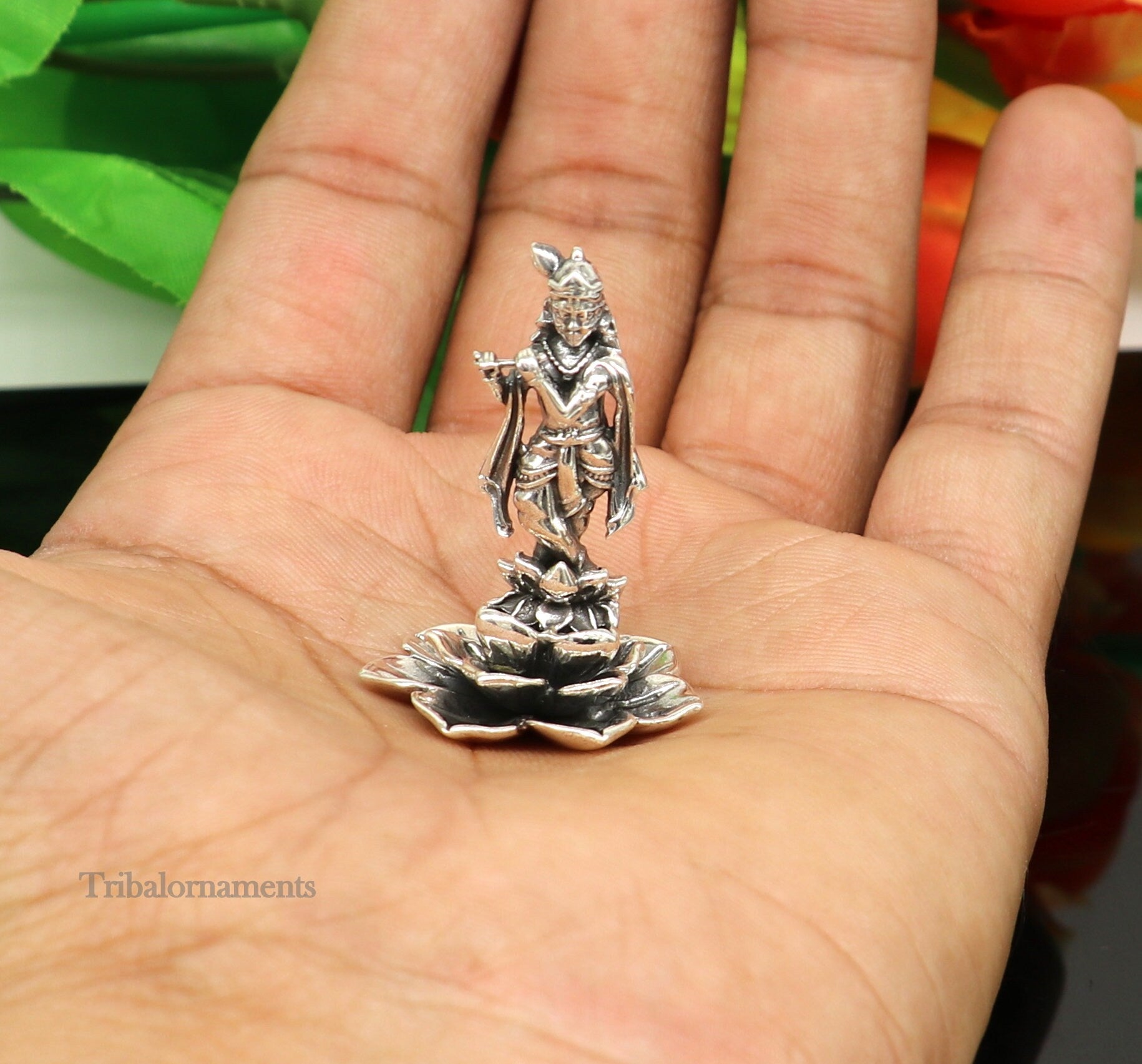 925 Sterling silver handmade antique design Idols Lord Krishna with flute standing Statue figurine, puja articles decorative gift art159 - TRIBAL ORNAMENTS