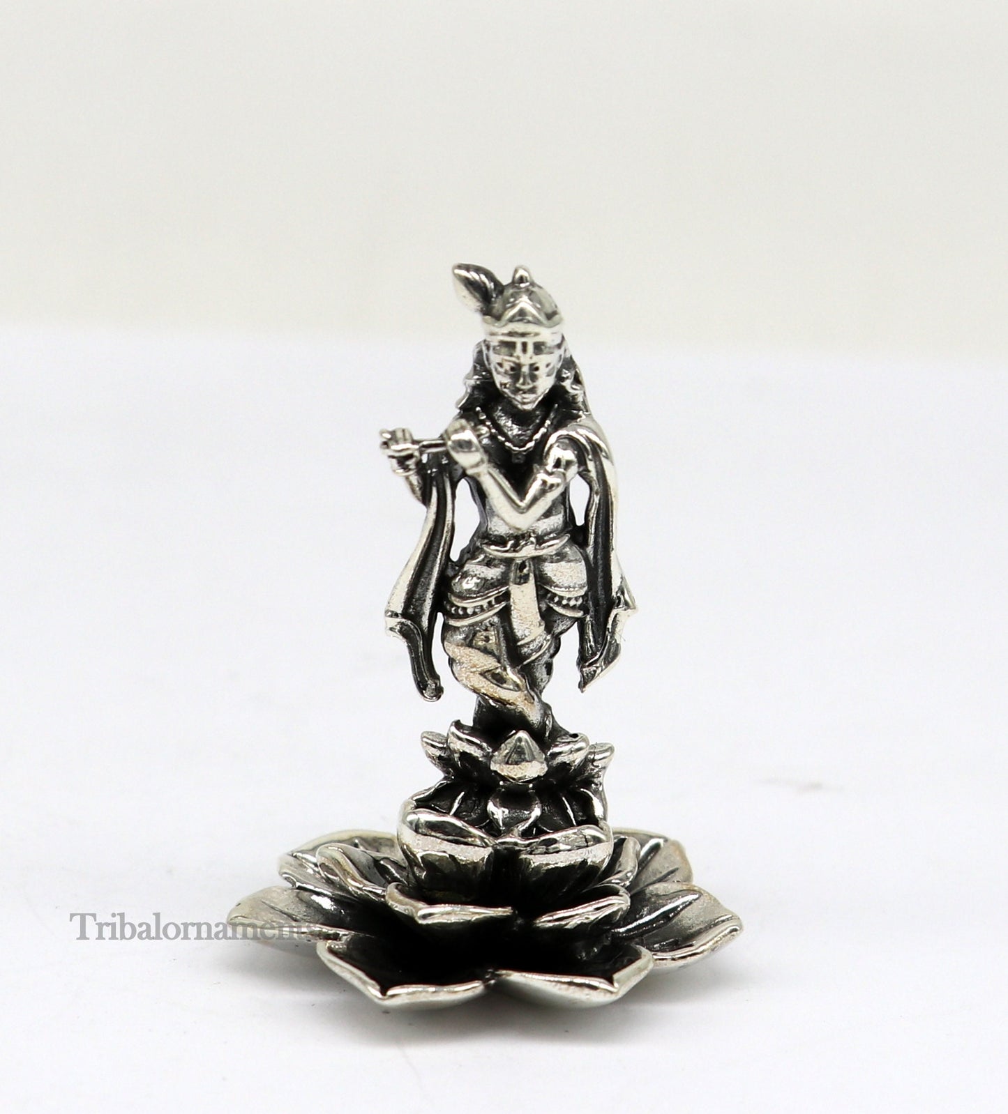 925 Sterling silver handmade antique design Idols Lord Krishna with flute standing Statue figurine, puja articles decorative gift art159 - TRIBAL ORNAMENTS