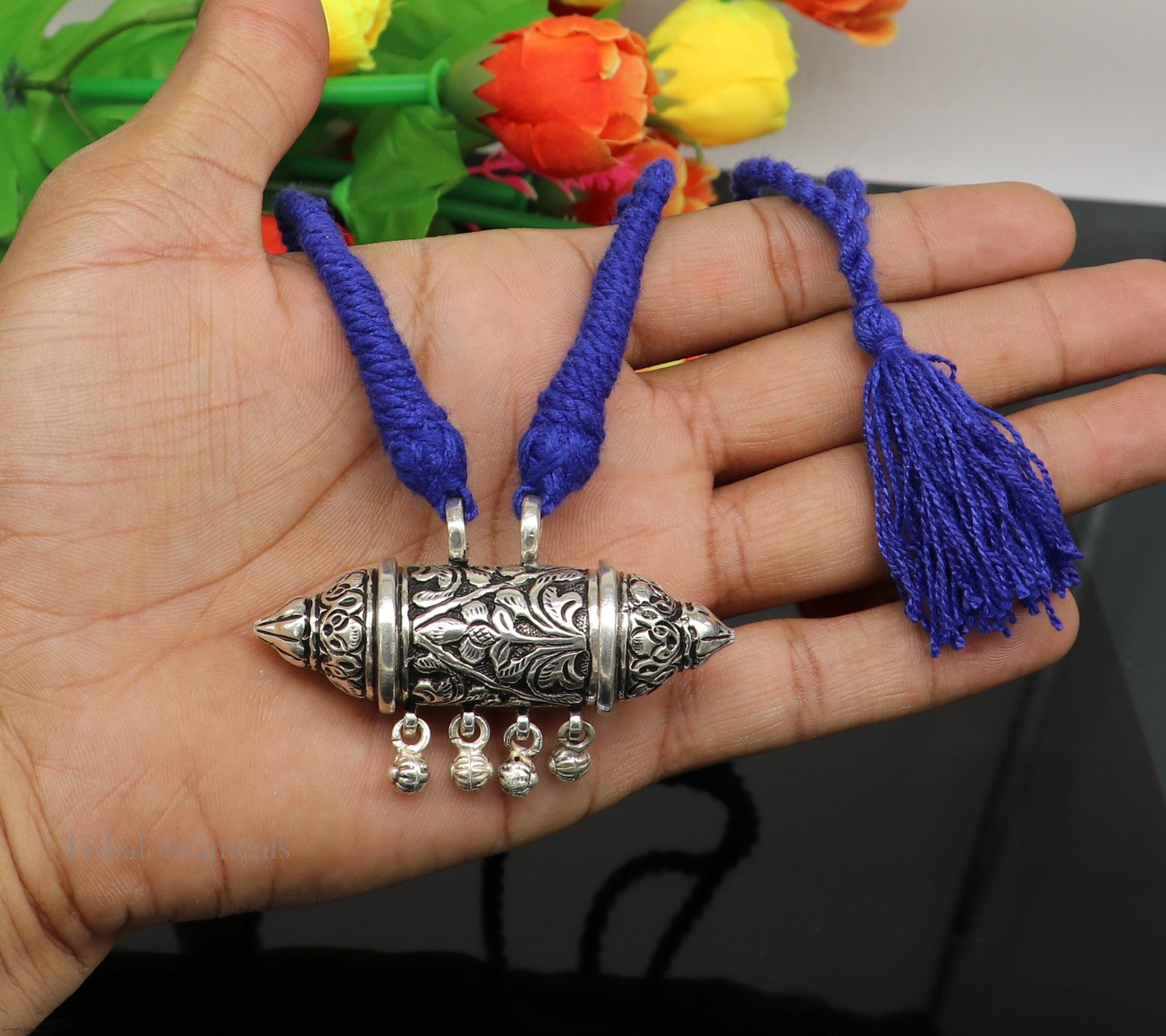 925 Sterling silver handmade vintage antique design pendant amulet with hangings bells excellent tribal jewelry from Rajasthan india nec274 - TRIBAL ORNAMENTS