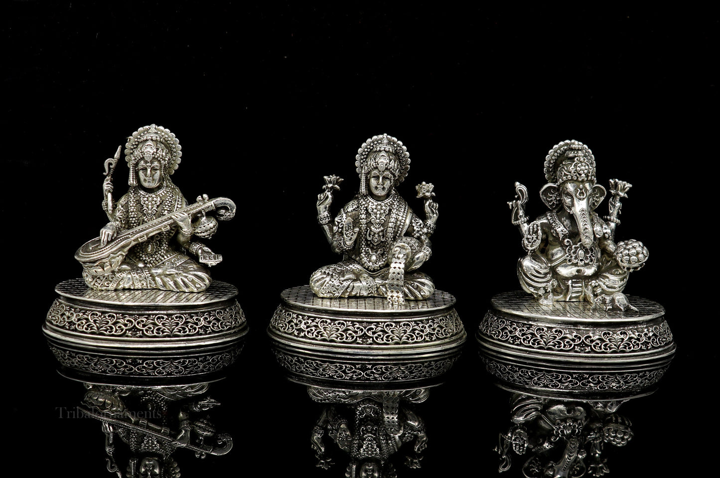 2.3" heights 925 Sterling silver handmade Hindu idols Laxmi, Ganesha and Saraswati statue, puja article figurine, best Diwali puja  art - TRIBAL ORNAMENTS