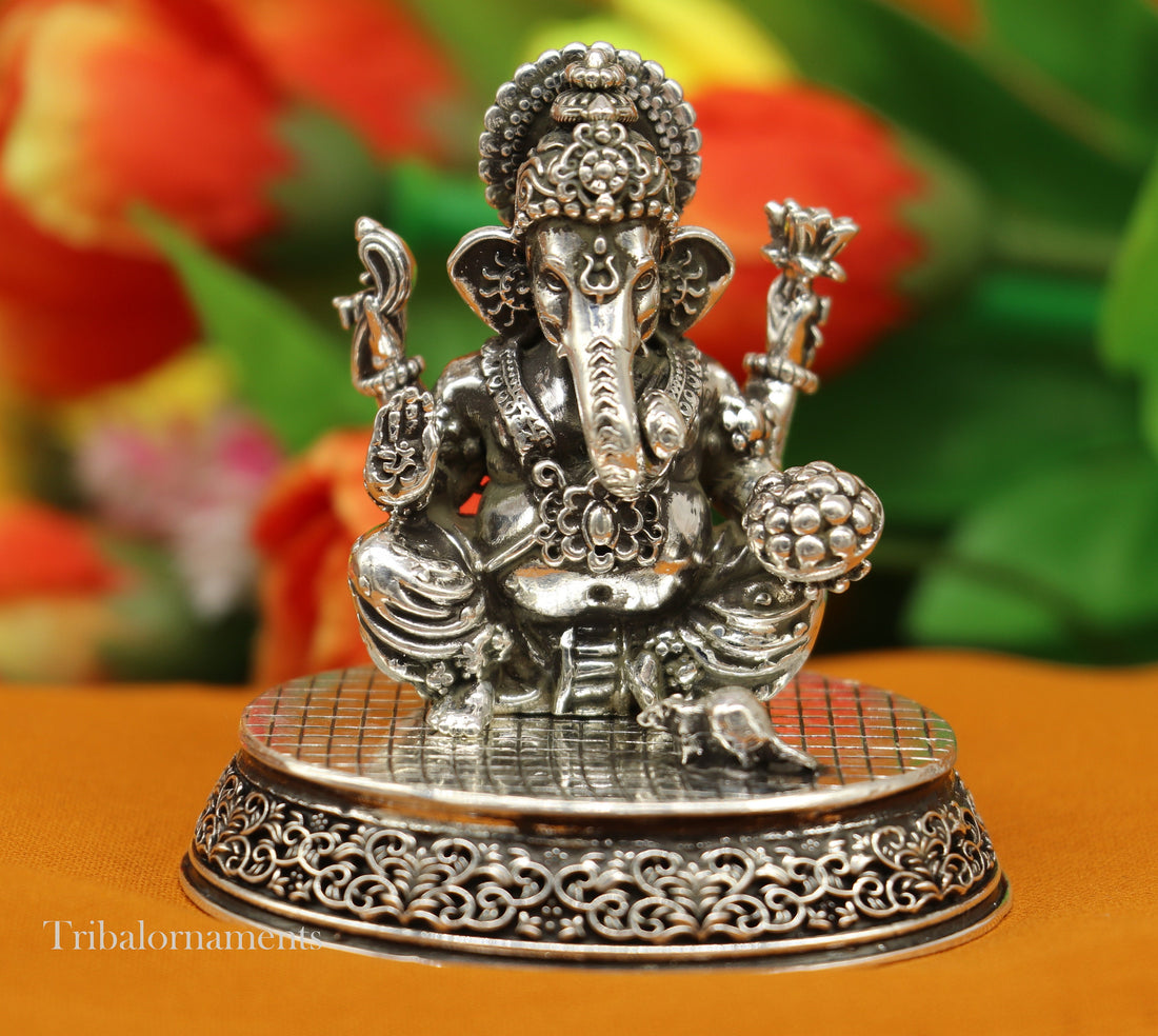 925 Sterling silver Lord Ganesh Idol, Pooja Articles, Silver Idols Figurine, handcrafted Lord Ganesh statue sculpture gifting art art218 - TRIBAL ORNAMENTS