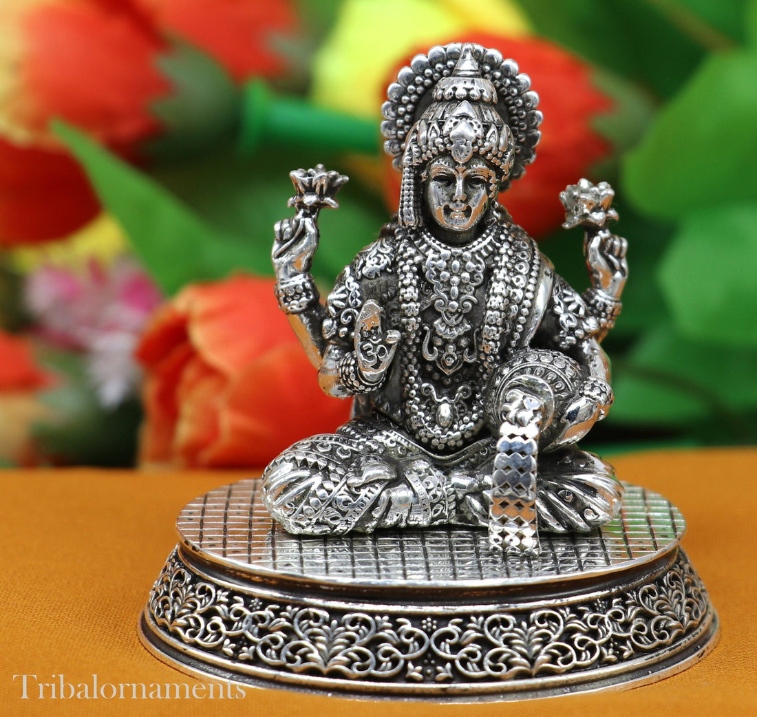 Pure 925 Sterling silver handmade  Hindu Goddess Laxmi statue, puja article figurine, home décor Diwali puja articles gifting art220 - TRIBAL ORNAMENTS