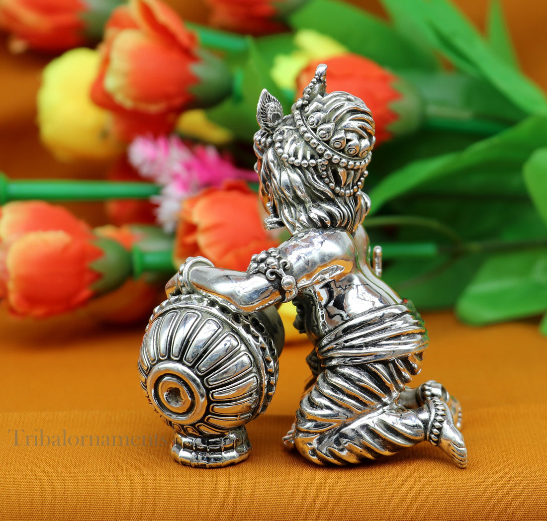 925 Sterling silver customized Idol Krishna Bal Gopal statue figurine, laddu gopal crawling Krishna sculpture, Makhan gopala statue art221 - TRIBAL ORNAMENTS